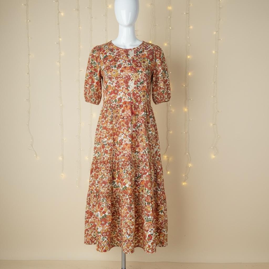 Liberty London Puffed Short Sleeves Tiered Sundress, Handmade Sustainable Womenswear, Botanical Personalised Cotton Clothing