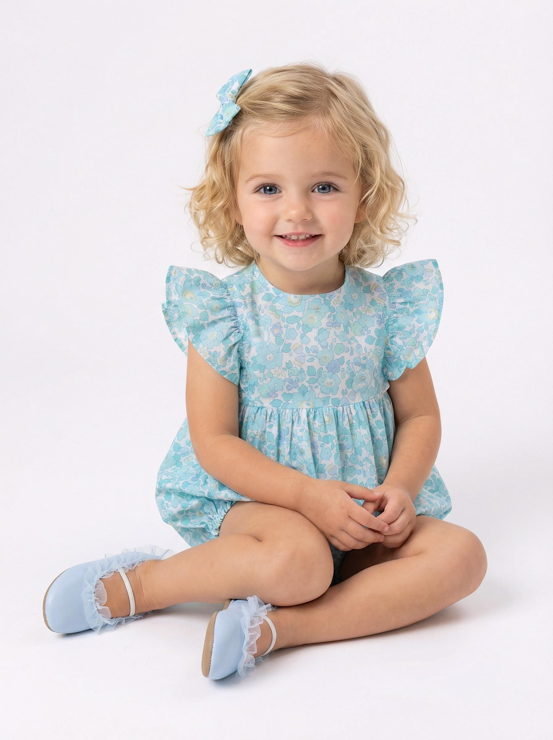 Liberty London Floral-Print Handmade Sleeveless Bubble Romper, Ditsy Botanical Handmade Clothing, Sustainable Slow-fashioned Children-wear