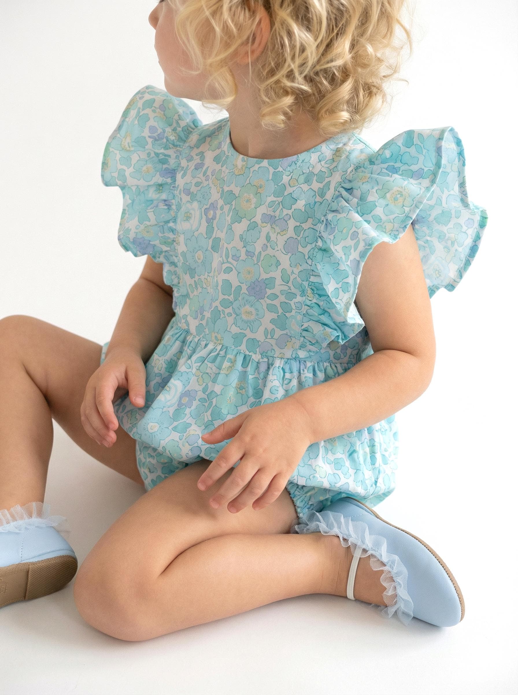 Liberty London Floral-Print Handmade Sleeveless Bubble Romper, Ditsy Botanical Handmade Clothing, Sustainable Slow-fashioned Children-wear