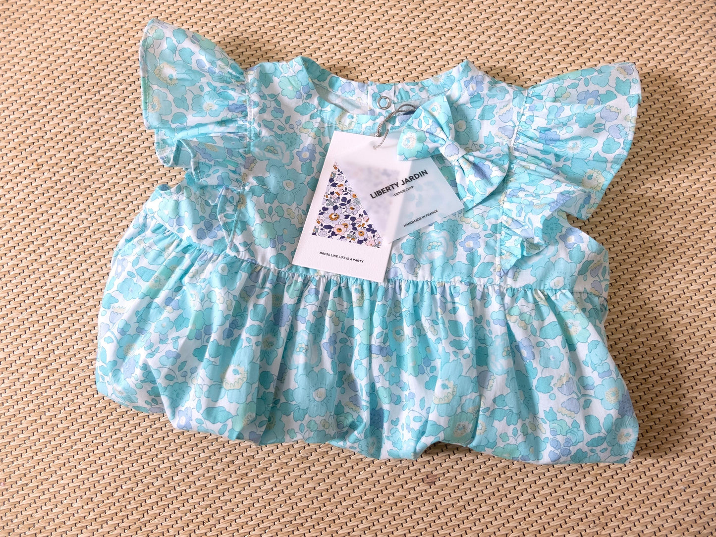 Liberty London Floral-Print Handmade Sleeveless Bubble Romper, Ditsy Botanical Handmade Clothing, Sustainable Slow-fashioned Children-wear