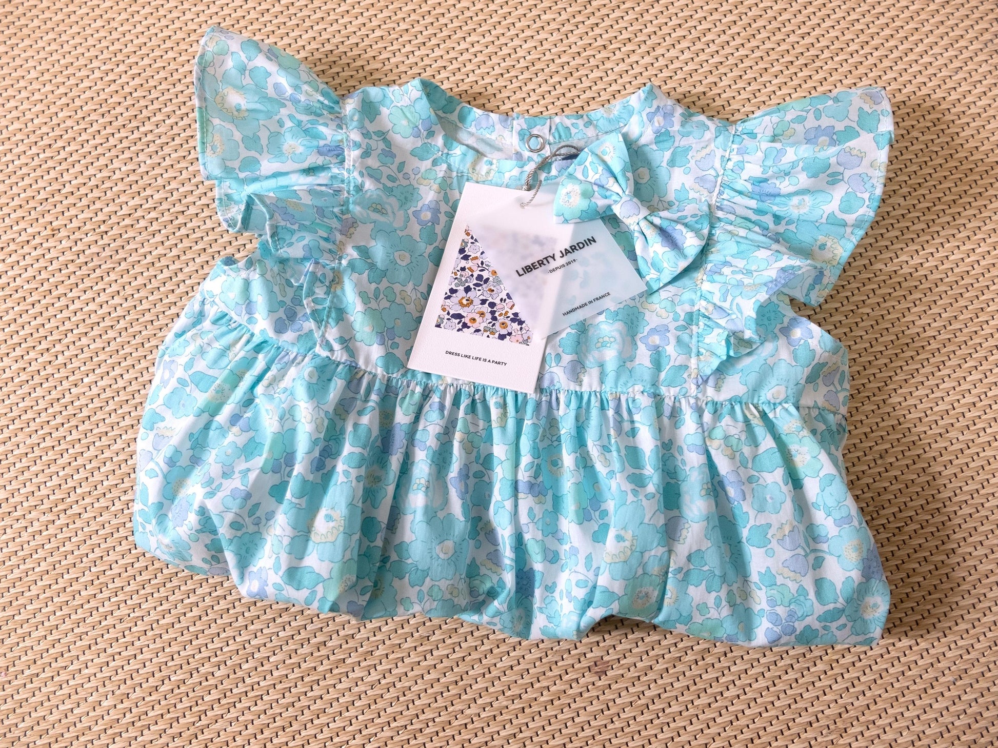 Liberty London Floral-Print Handmade Sleeveless Bubble Romper, Ditsy Botanical Handmade Clothing, Sustainable Slow-fashioned Children-wear