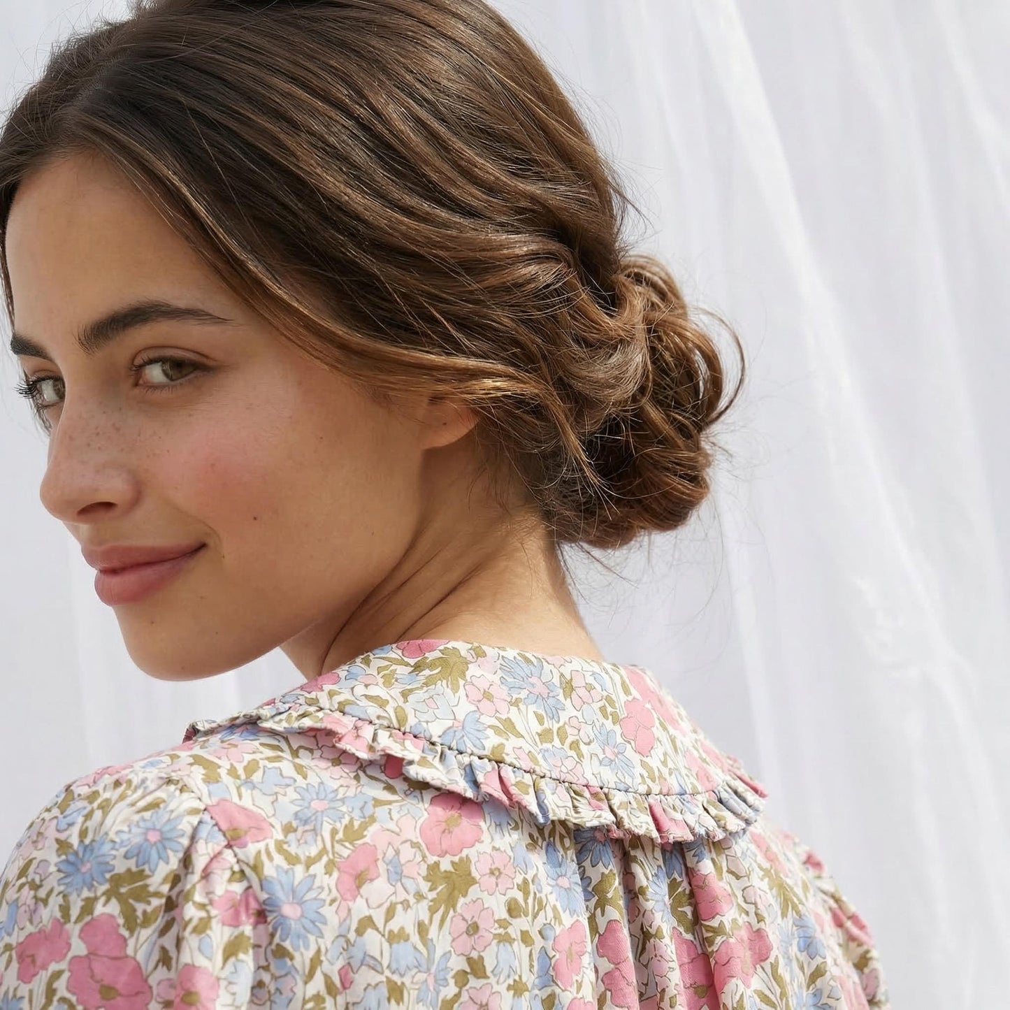 Liberty London Frilled Peter-Pan Collared Handmade Blouse, Button-up Puffed-Sleeves Chemise, Sustainable Tailoring Slow-fashioned Top