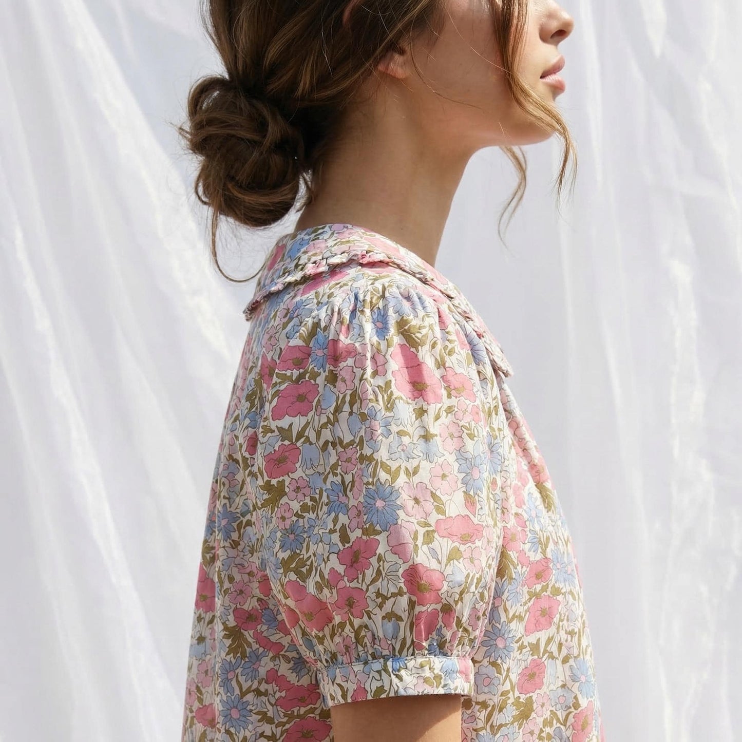 Liberty London Frilled Peter-Pan Collared Handmade Blouse, Button-up Puffed-Sleeves Chemise, Sustainable Tailoring Slow-fashioned Top