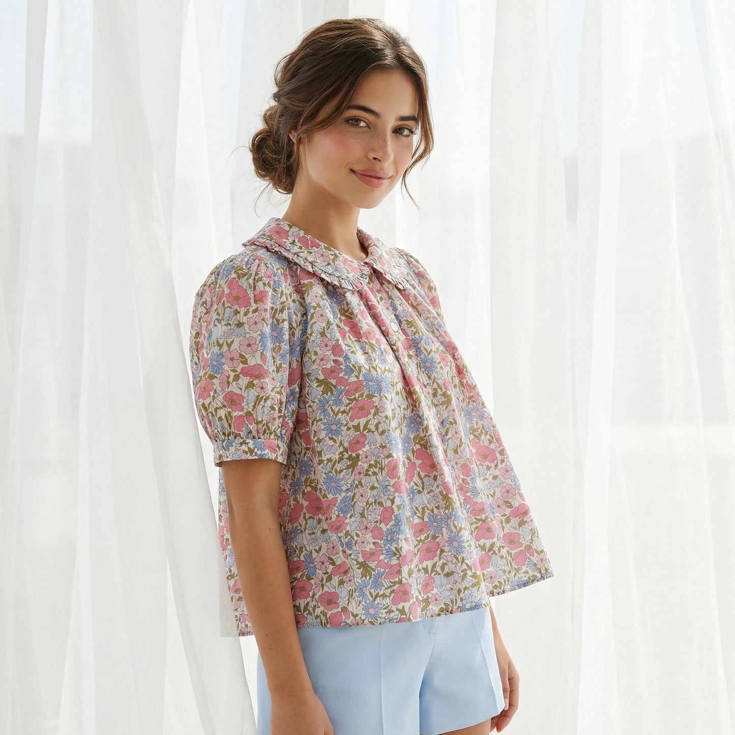 Liberty London Frilled Peter-Pan Collared Handmade Blouse, Button-up Puffed-Sleeves Chemise, Sustainable Tailoring Slow-fashioned Top