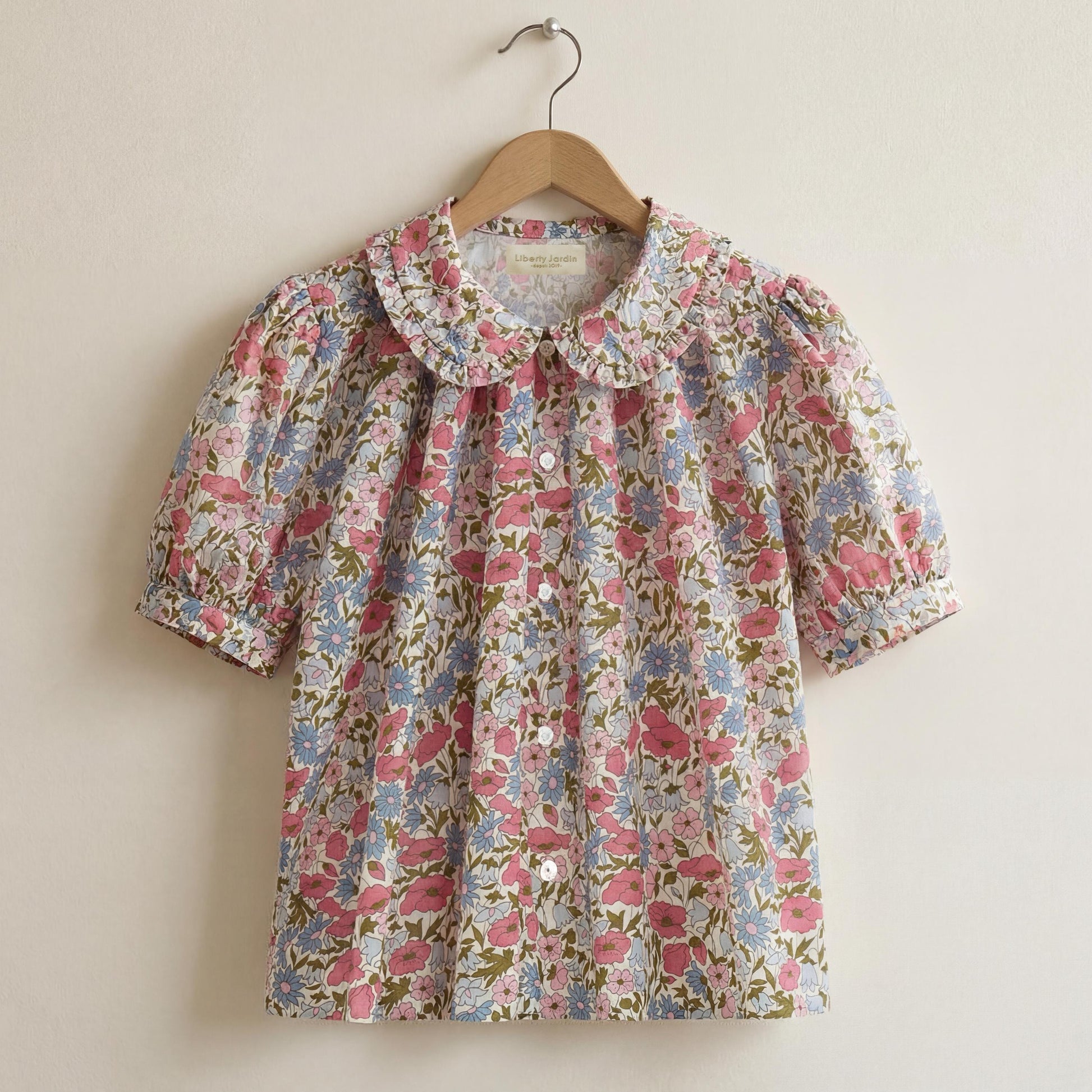 Liberty London Frilled Peter-Pan Collared Handmade Blouse, Button-up Puffed-Sleeves Chemise, Sustainable Tailoring Slow-fashioned Top