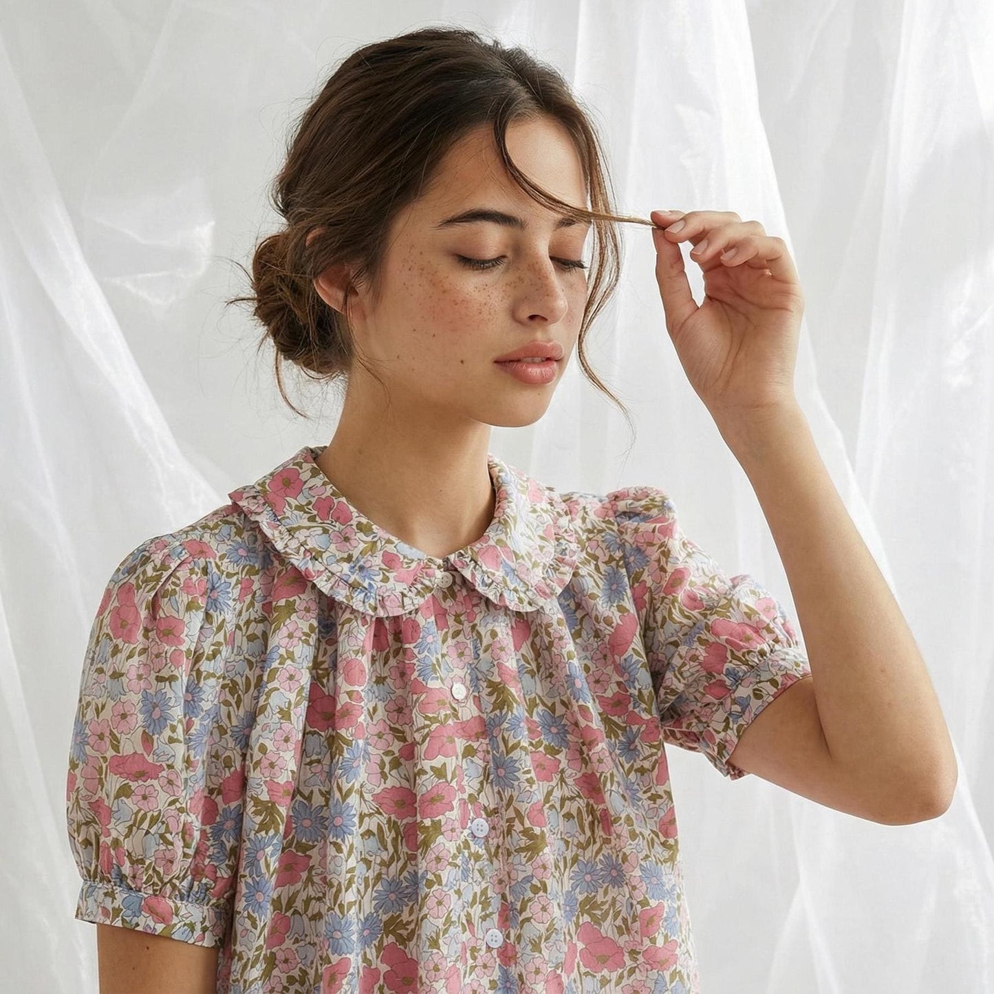 Liberty London Frilled Peter-Pan Collared Handmade Blouse, Button-up Puffed-Sleeves Chemise, Sustainable Tailoring Slow-fashioned Top