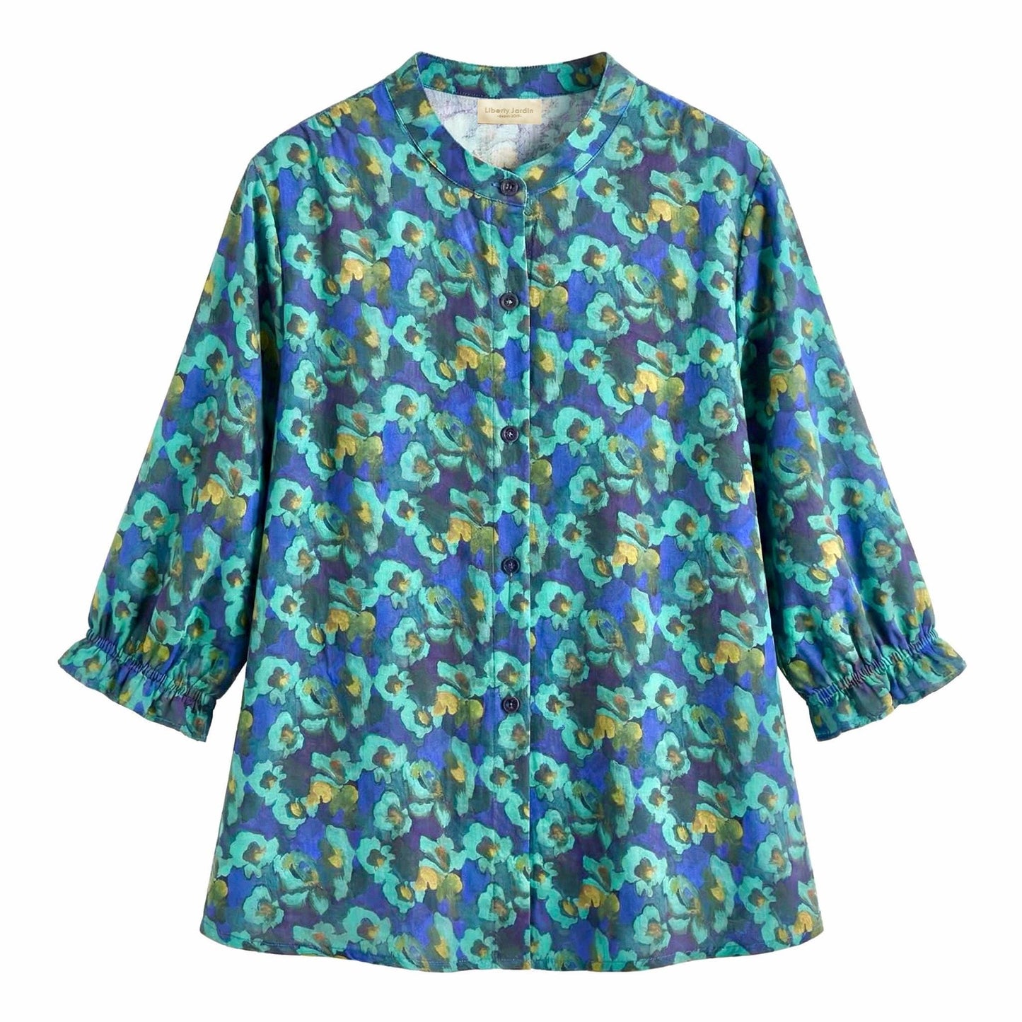 Liberty London Three-Quarter Mandarin Collared Button-up Blouse, Personalised Shirt, Handmade Botanical Womenswear, Peasant Top