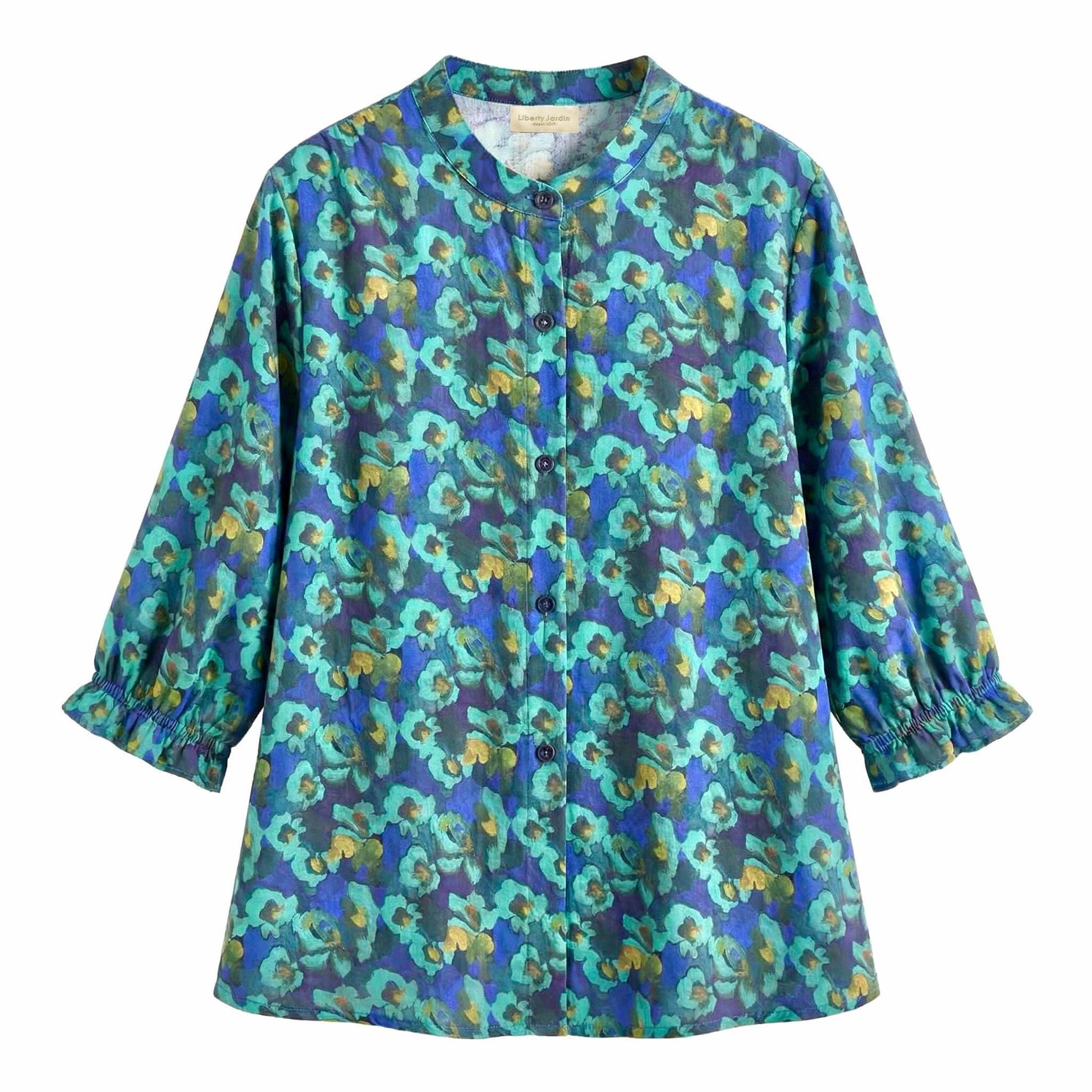 Liberty London Three-Quarter Mandarin Collared Button-up Blouse, Personalised Shirt, Handmade Botanical Womenswear, Peasant Top
