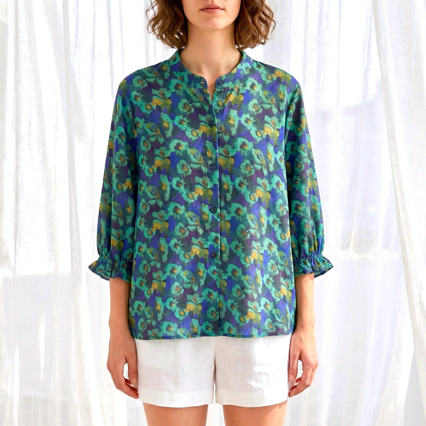 Liberty London Three-Quarter Mandarin Collared Button-up Blouse, Personalised Shirt, Handmade Botanical Womenswear, Peasant Top