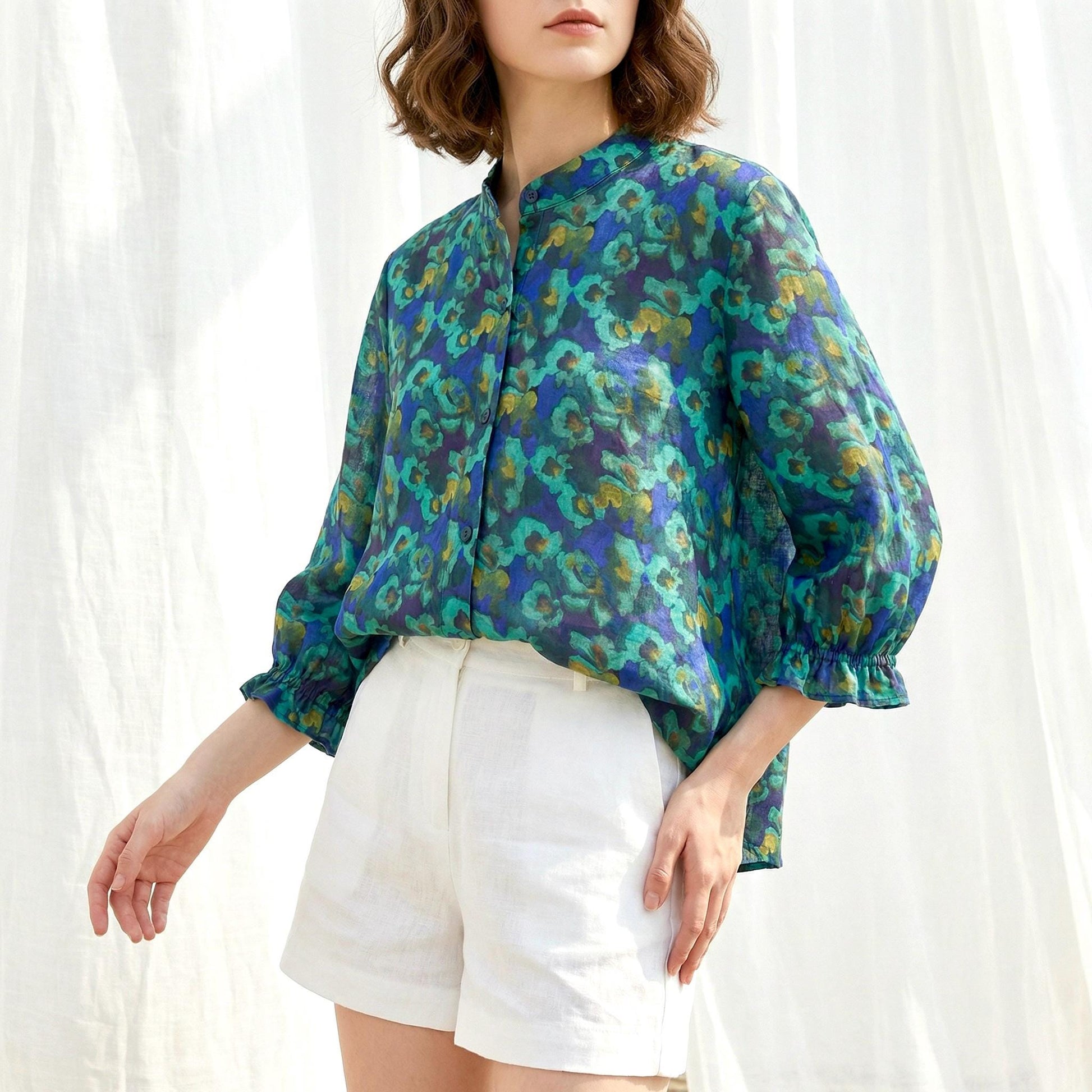 Liberty London Three-Quarter Mandarin Collared Button-up Blouse, Personalised Shirt, Handmade Botanical Womenswear, Peasant Top