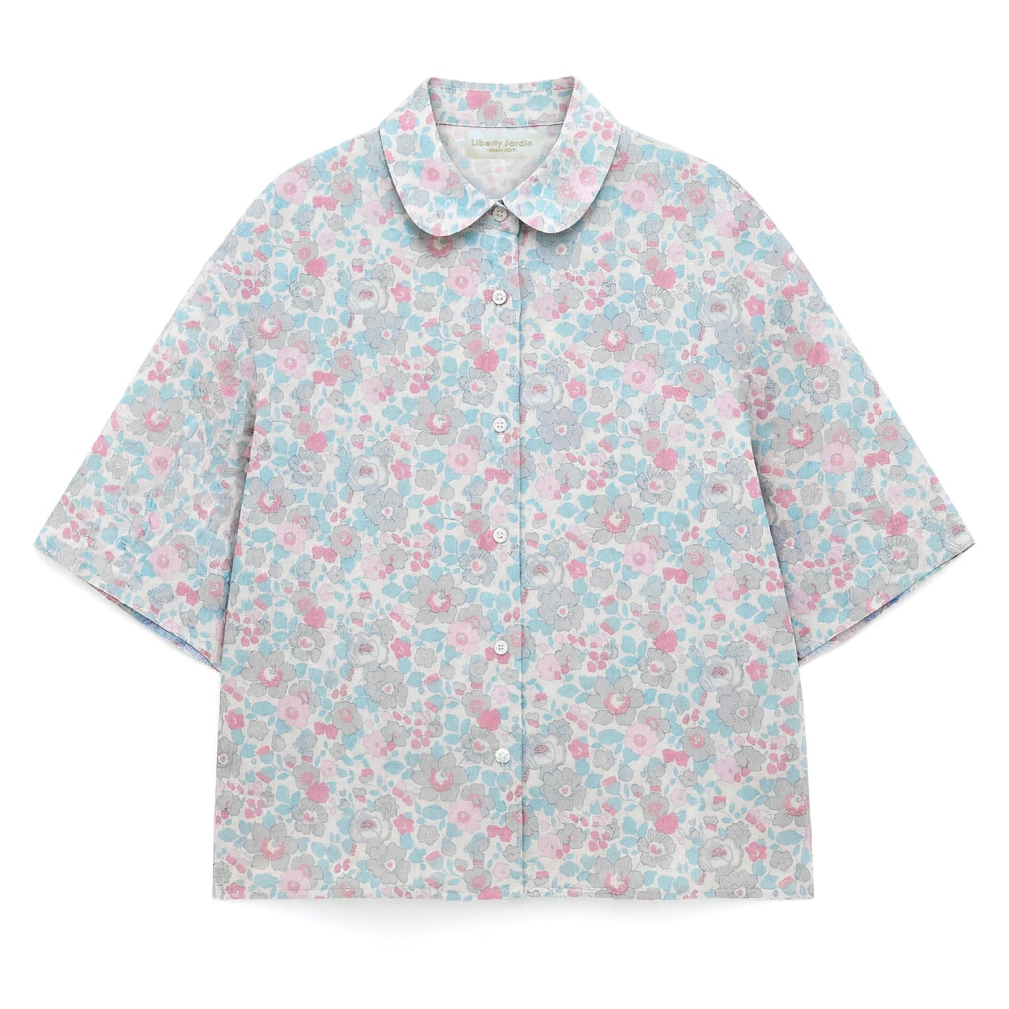 Liberty London Peter-Pan Collared Shirt, Kimono Half-sleeved Blouse, Floral-Print Cotton Button-Up Chemise, Handmade Womenswear