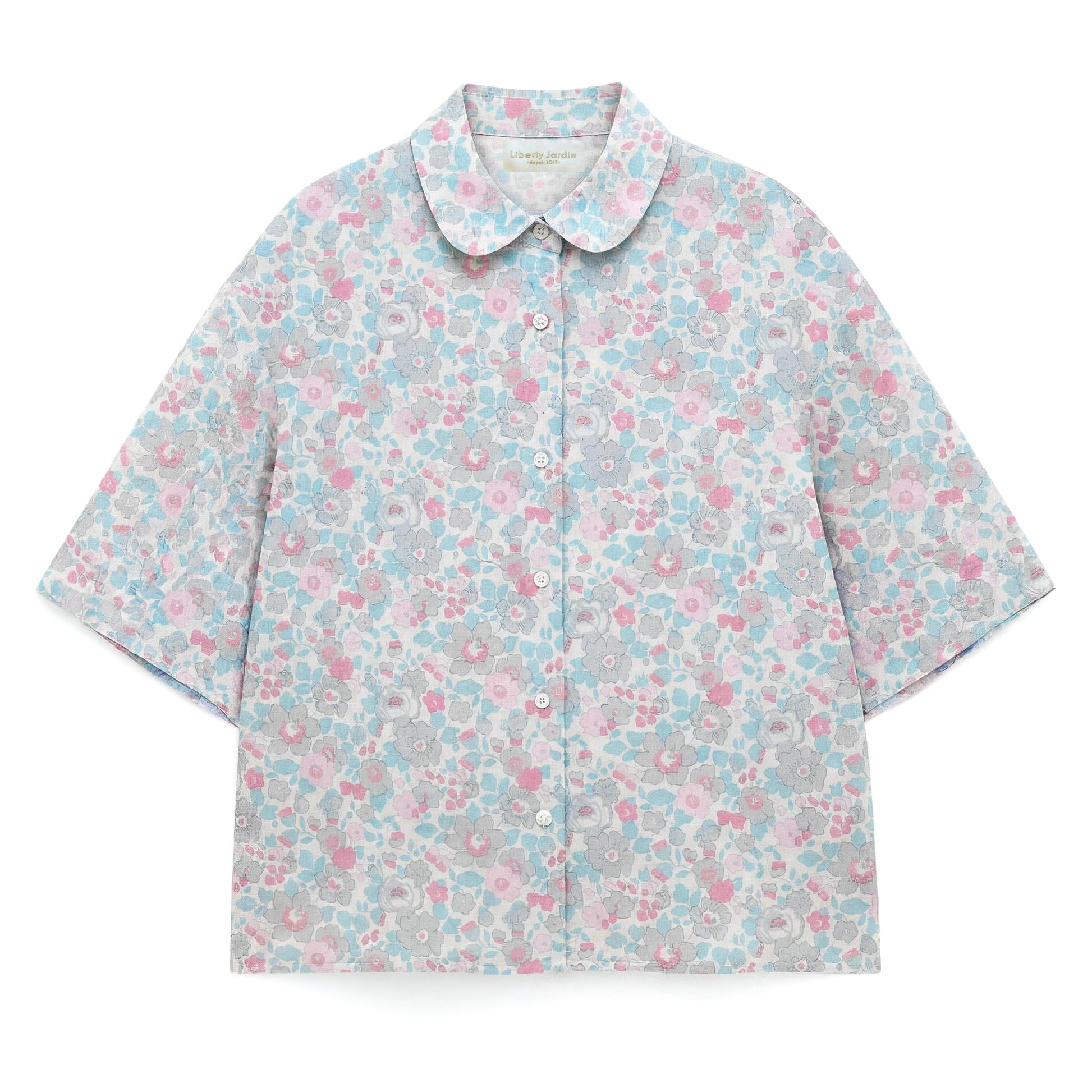 Liberty London Peter-Pan Collared Shirt, Kimono Half-sleeved Blouse, Floral-Print Cotton Button-Up Chemise, Handmade Womenswear