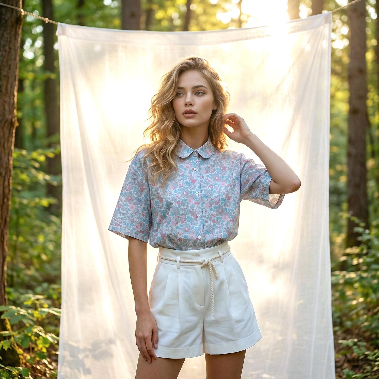 Liberty London Peter-Pan Collared Shirt, Kimono Half-sleeved Blouse, Floral-Print Cotton Button-Up Chemise, Handmade Womenswear