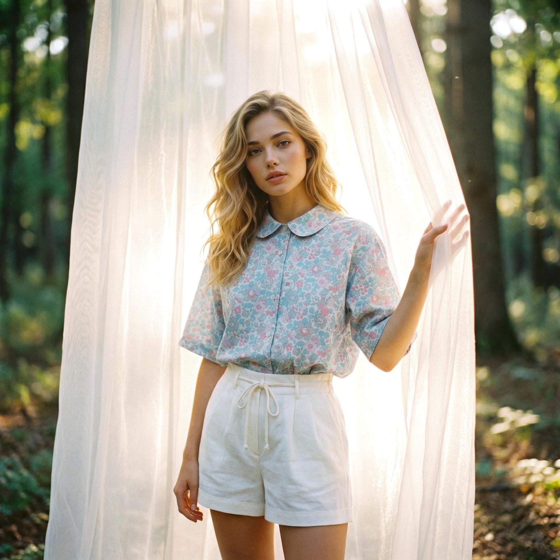 Liberty London Peter-Pan Collared Shirt, Kimono Half-sleeved Blouse, Floral-Print Cotton Button-Up Chemise, Handmade Womenswear