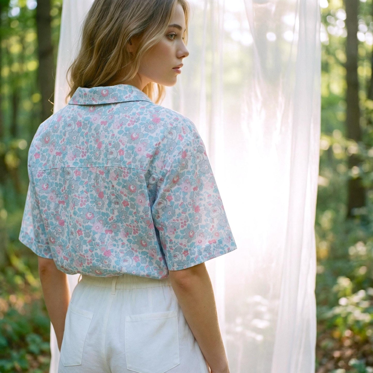 Liberty London Peter-Pan Collared Shirt, Kimono Half-sleeved Blouse, Floral-Print Cotton Button-Up Chemise, Handmade Womenswear