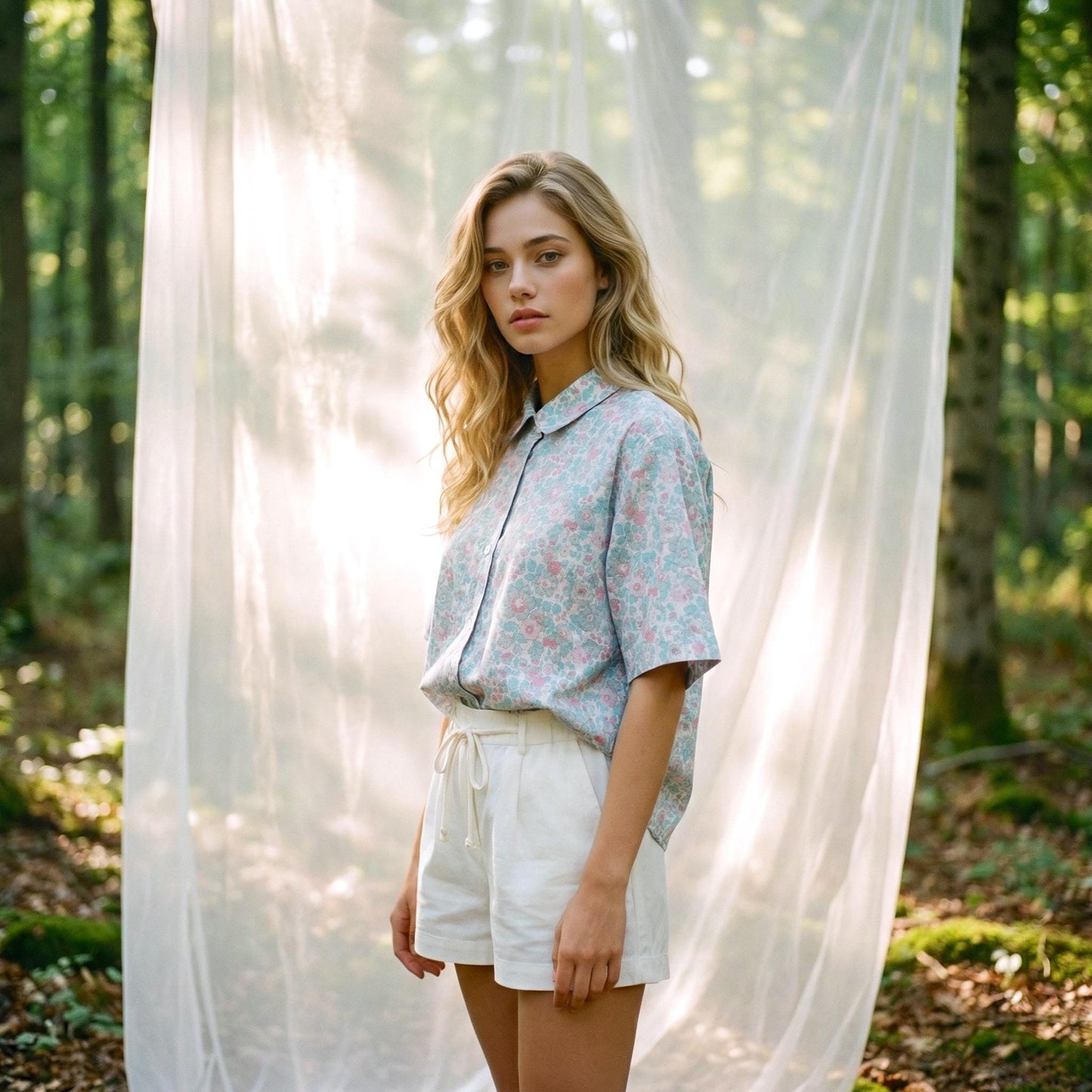 Liberty London Peter-Pan Collared Shirt, Kimono Half-sleeved Blouse, Floral-Print Cotton Button-Up Chemise, Handmade Womenswear