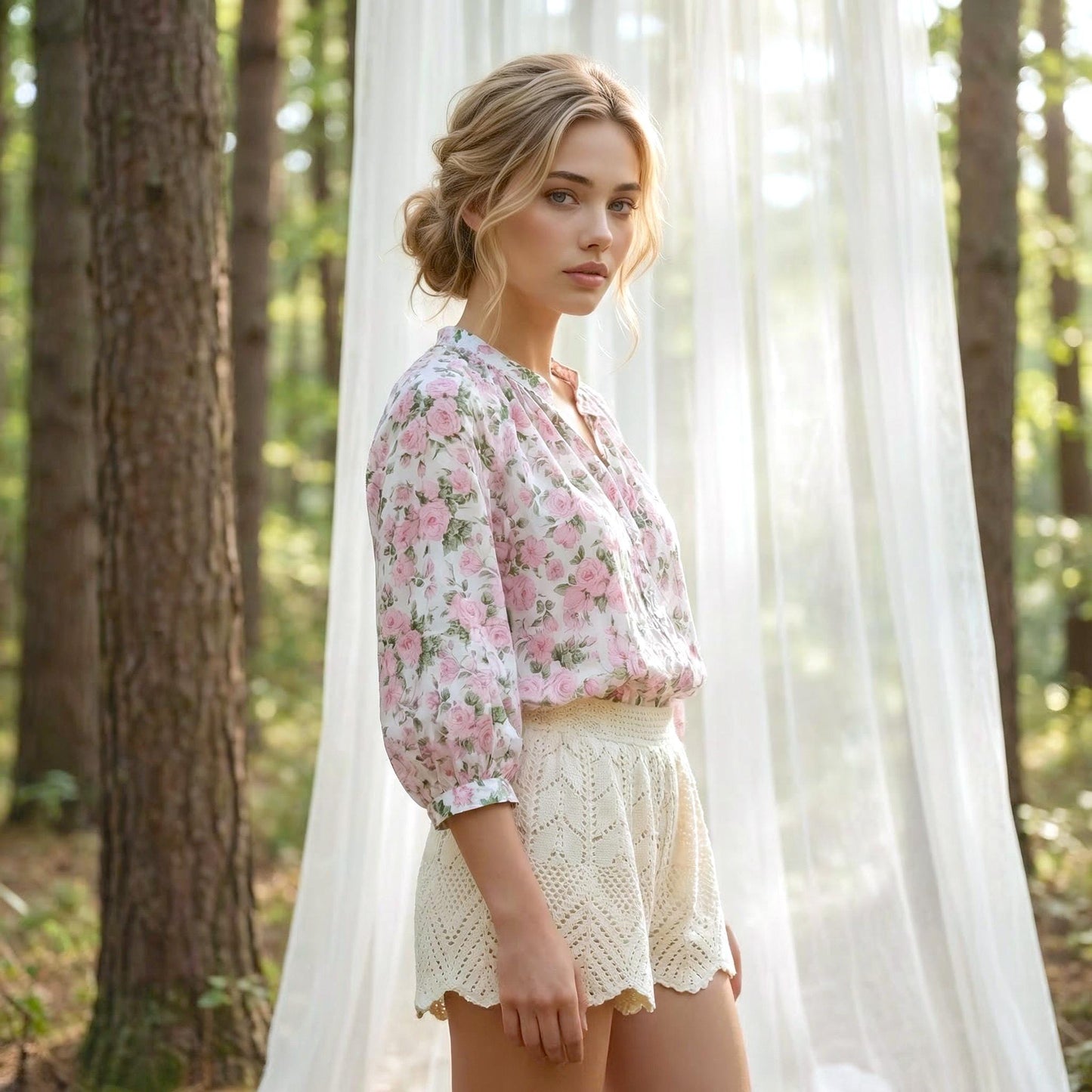 Liberty Mandarin Collar Gather Top 3/4 Sleeves: Button Through Blouse, Ditsy Botanical Floral Print