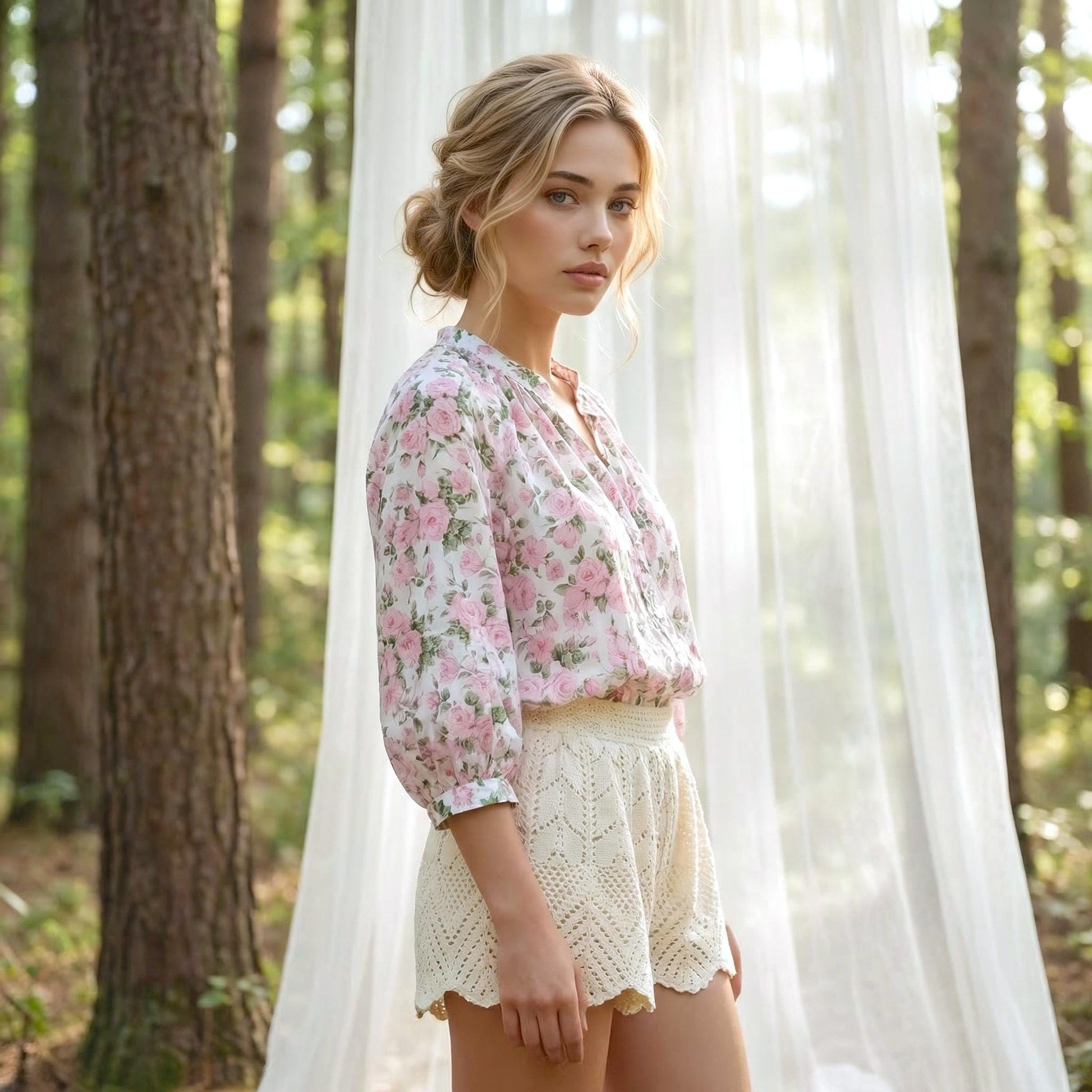 Liberty Mandarin Collar Gather Top 3/4 Sleeves: Button Through Blouse, Ditsy Botanical Floral Print