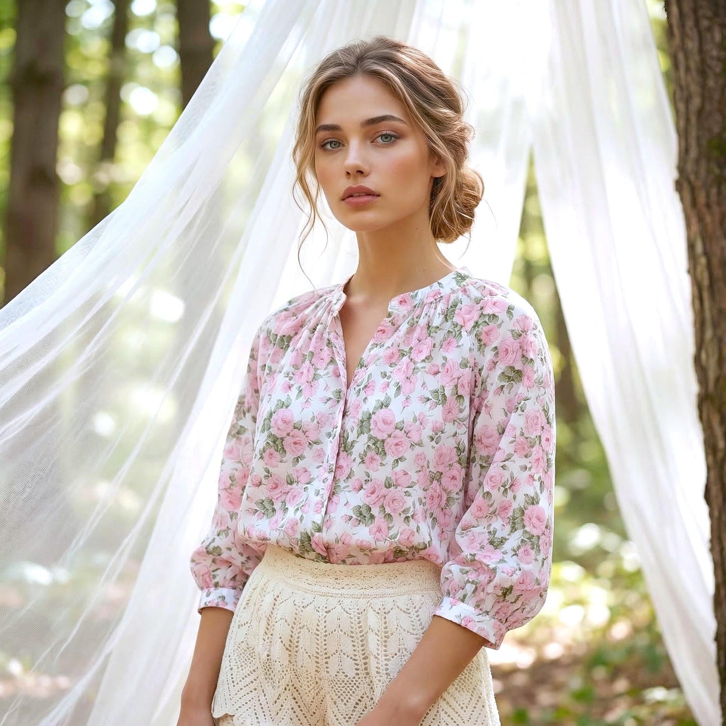 Liberty Mandarin Collar Gather Top 3/4 Sleeves: Button Through Blouse, Ditsy Botanical Floral Print