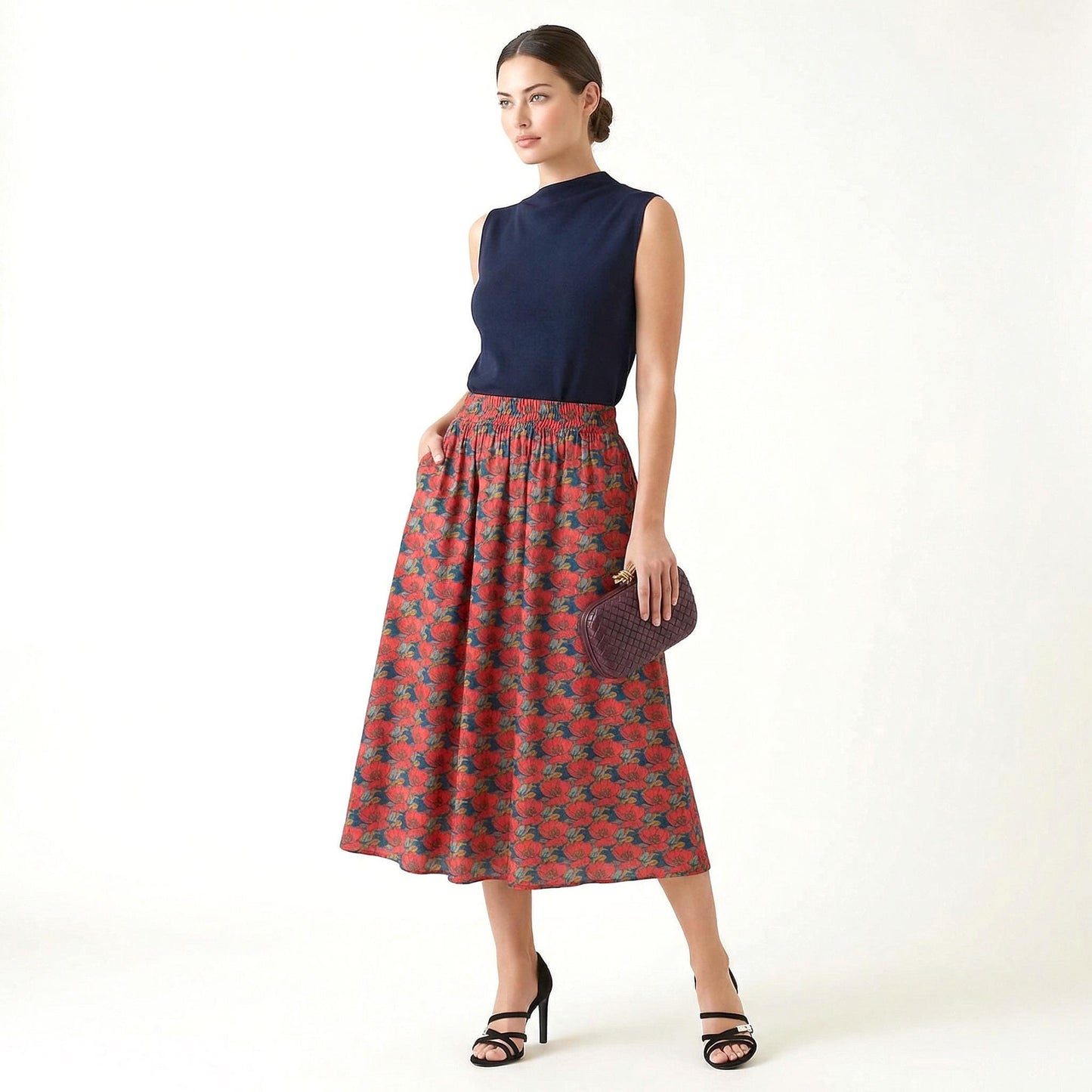 Liberty London Midi-Length Skirt, Handmade Medium Floral-print Womenswear, Slow-fashioned Tailoring Cotton Clothing, Botanical Evening-wear