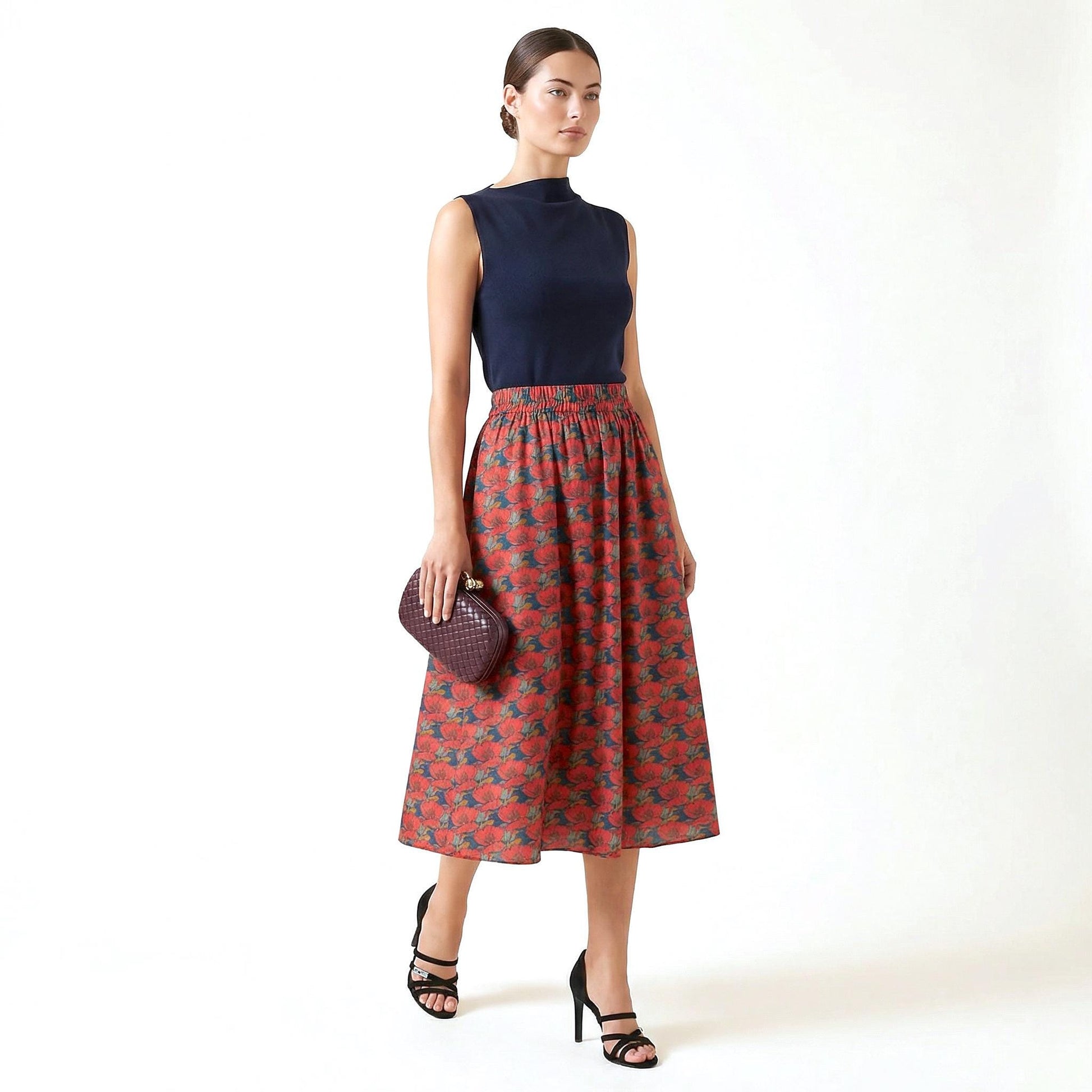 Liberty London Midi-Length Skirt, Handmade Medium Floral-print Womenswear, Slow-fashioned Tailoring Cotton Clothing, Botanical Evening-wear