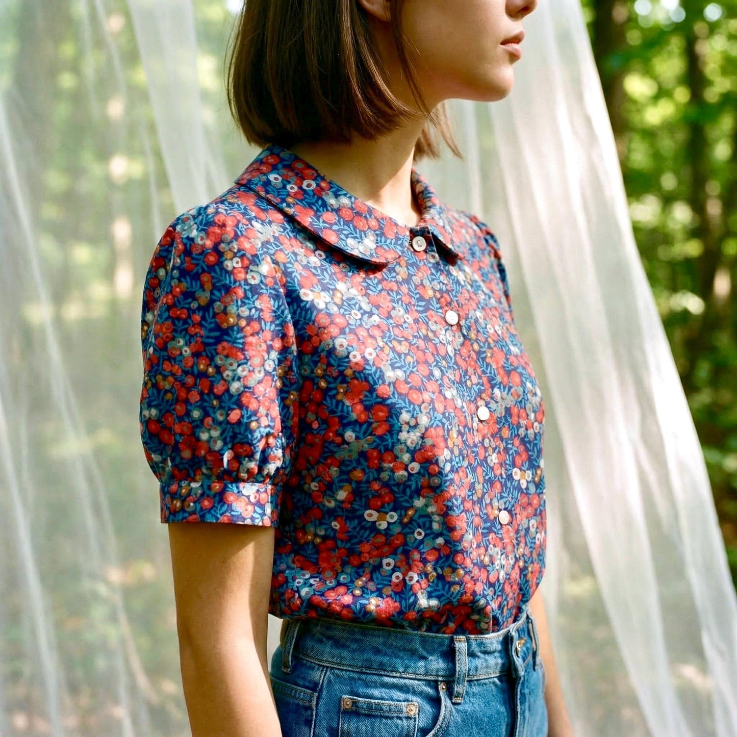 Liberty London Peter-Pan Collared Blouse, Floral-print Cotton Puffed-sleeves Button-up Shirt, Handmade Botanical Cotton Womenswear