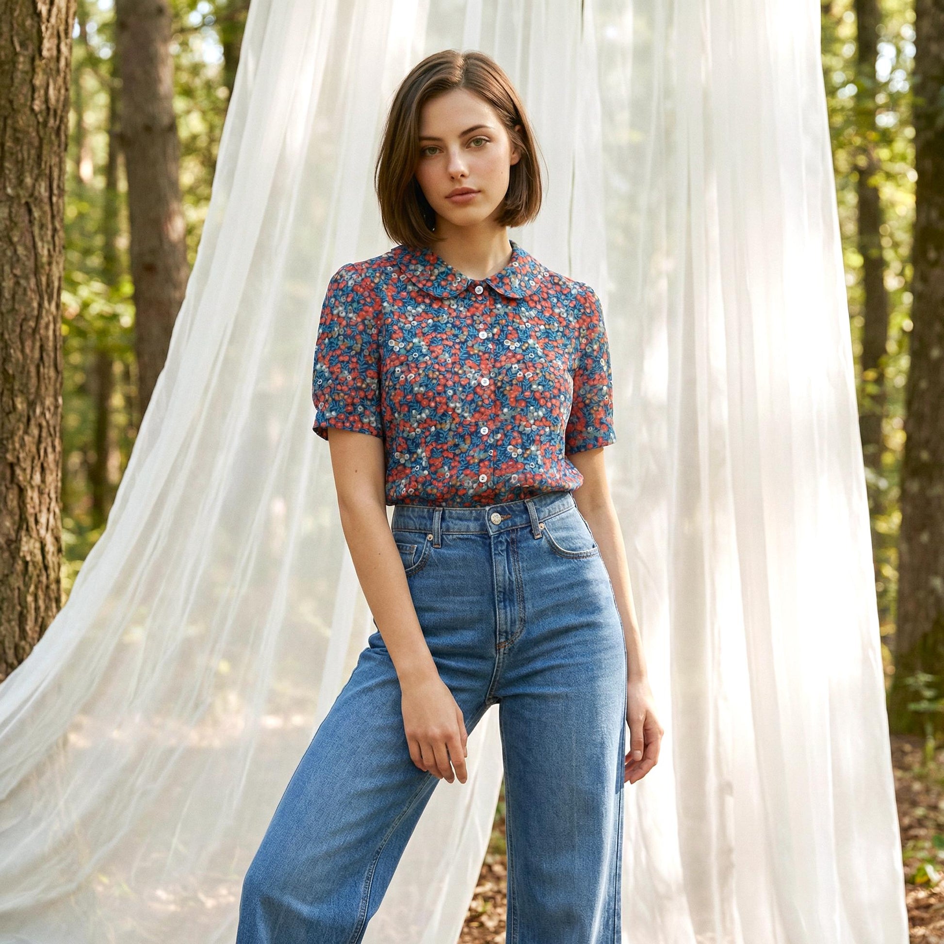 Liberty London Peter-Pan Collared Blouse, Floral-print Cotton Puffed-sleeves Button-up Shirt, Handmade Botanical Cotton Womenswear