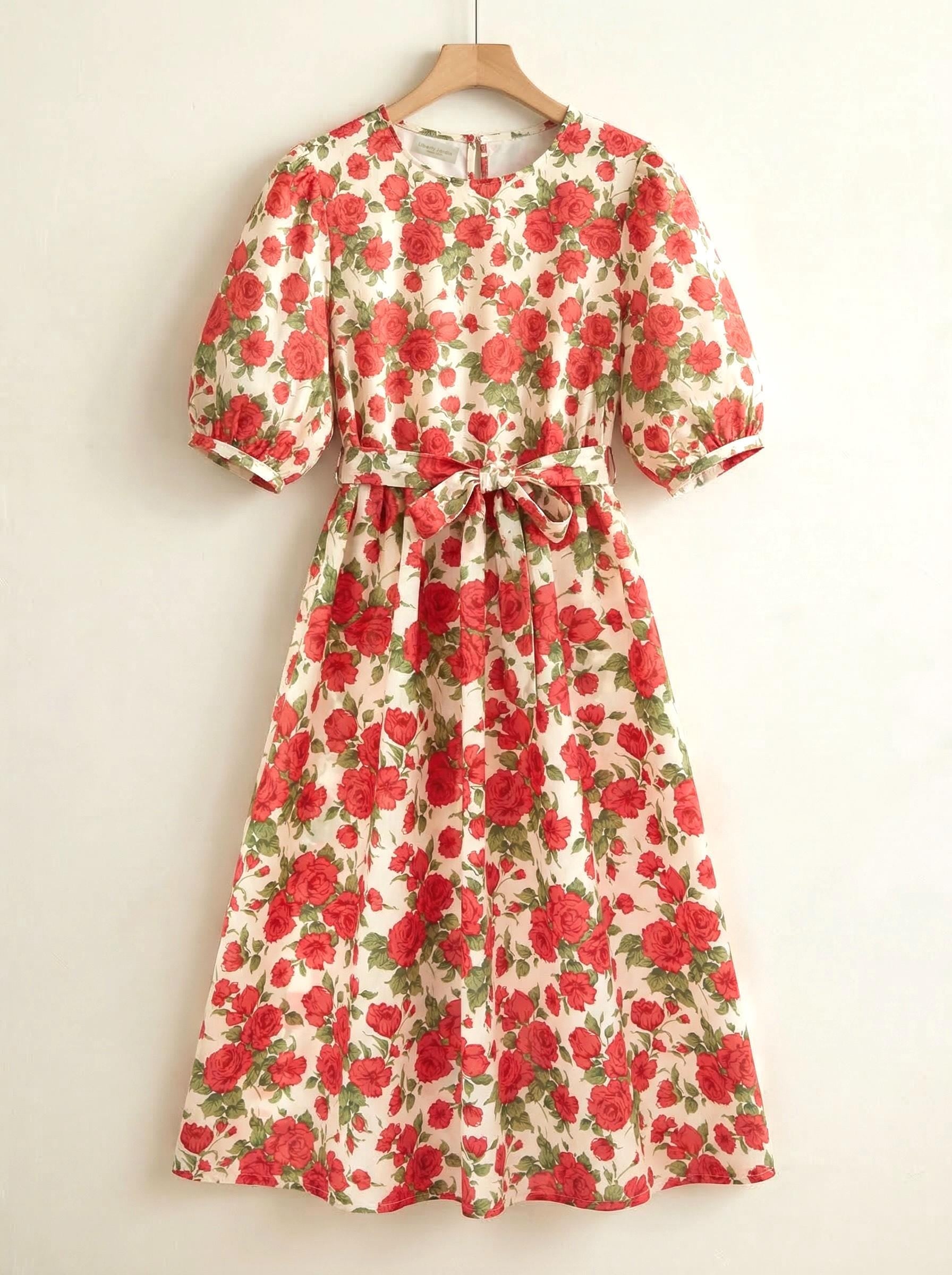 Liberty London Smock Puffed-Sleeves Midi-Length Sun Dress, Sustainable Handmade Womenswear, Botanical Floral-print Cotton Clothing