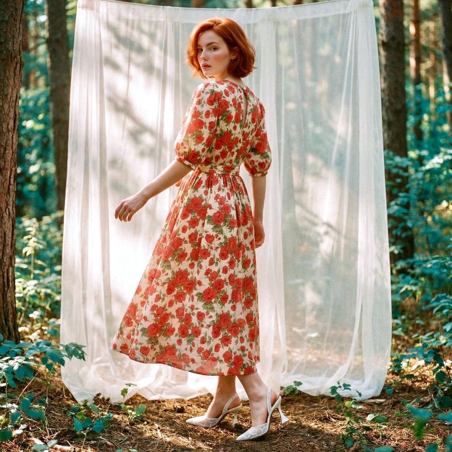 Liberty London Smock Puffed-Sleeves Midi-Length Sun Dress, Sustainable Handmade Womenswear, Botanical Floral-print Cotton Clothing