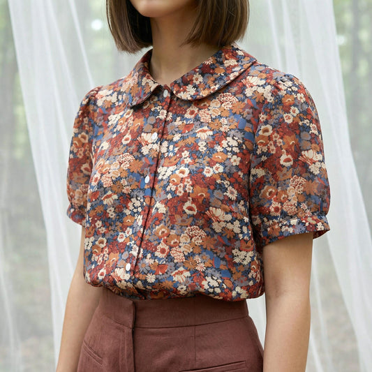 Sleeveless Liberty Woman Top: Ruffle Peter Pan Collar, Floral Print Blouse