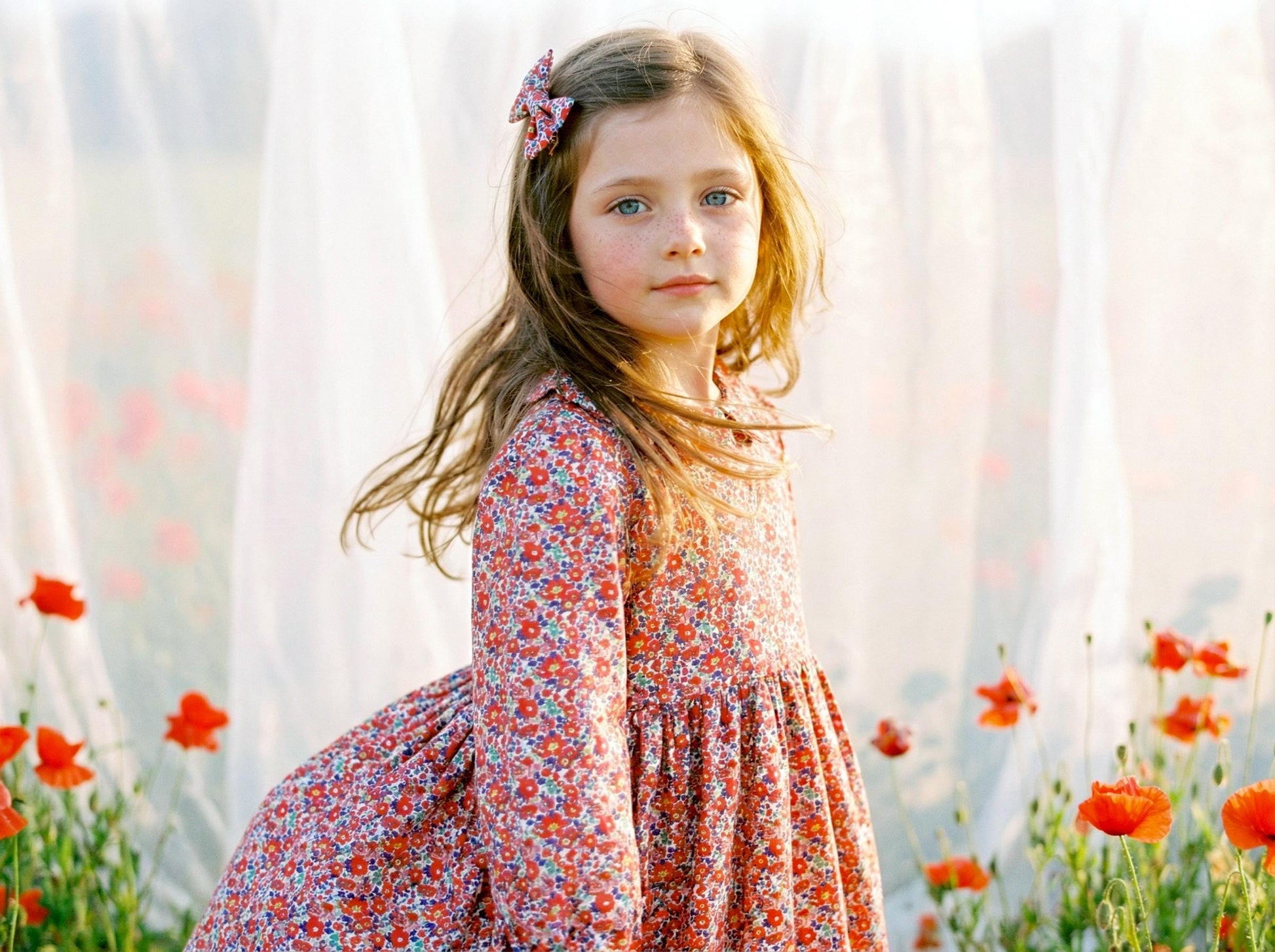 Liberty London Long Sleeve Girl Dress: Floral Print, Ruffle Collar