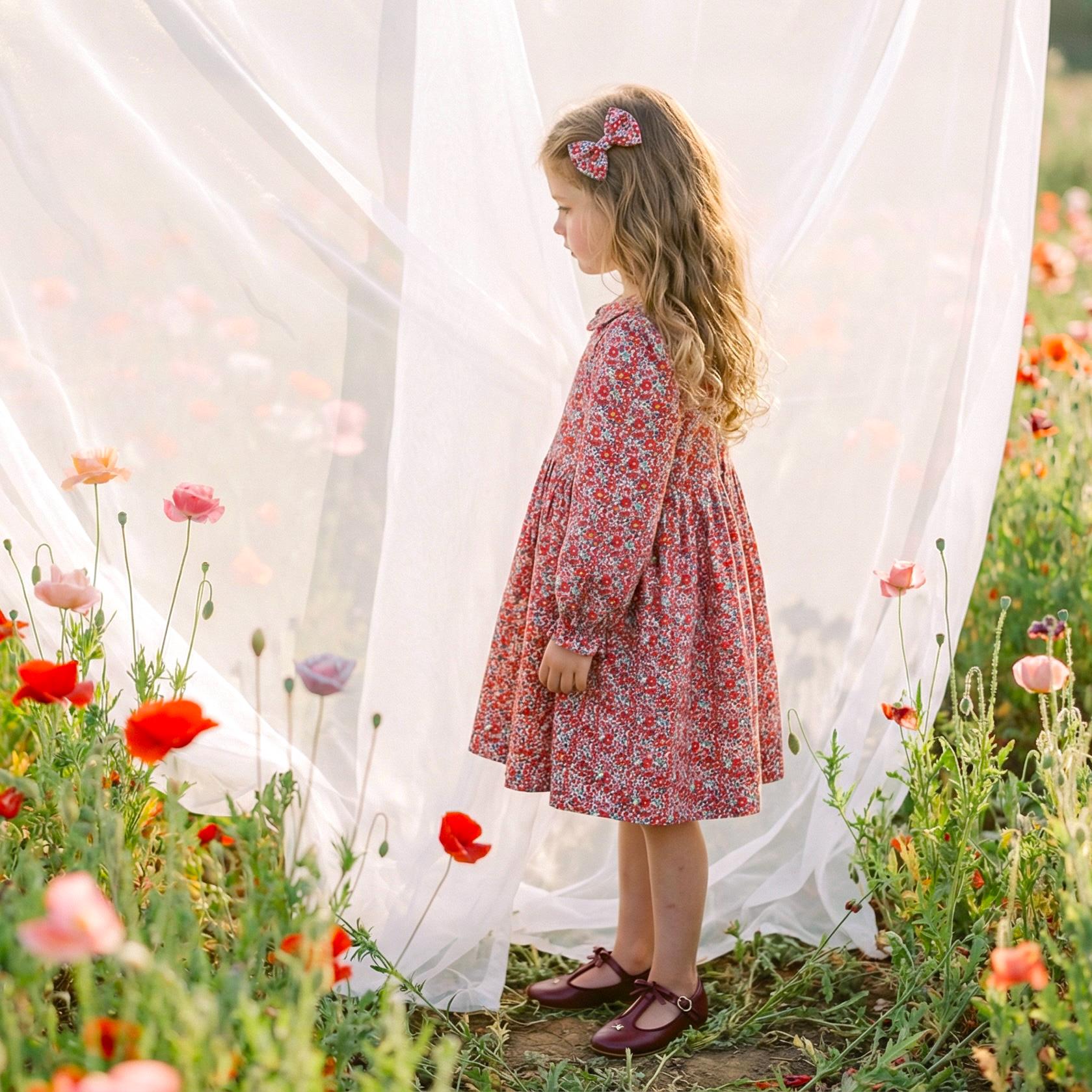 Liberty London Long Sleeve Girl Dress: Floral Print, Ruffle Collar