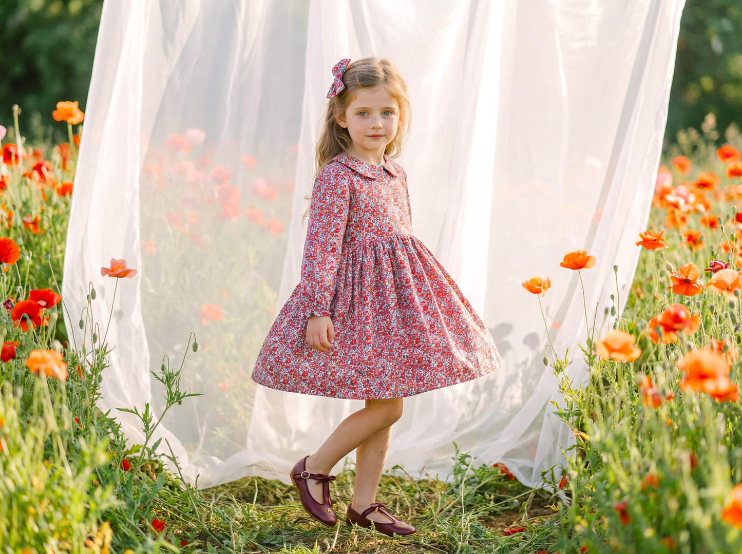 Liberty London Long Sleeve Girl Dress: Floral Print, Ruffle Collar