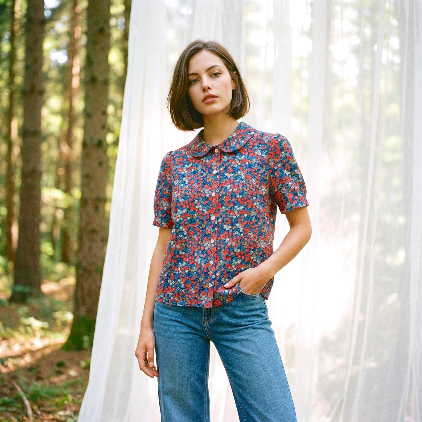 Liberty London Peter-Pan Collared Blouse, Floral-print Cotton Puffed-sleeves Button-up Shirt, Handmade Botanical Cotton Womenswear