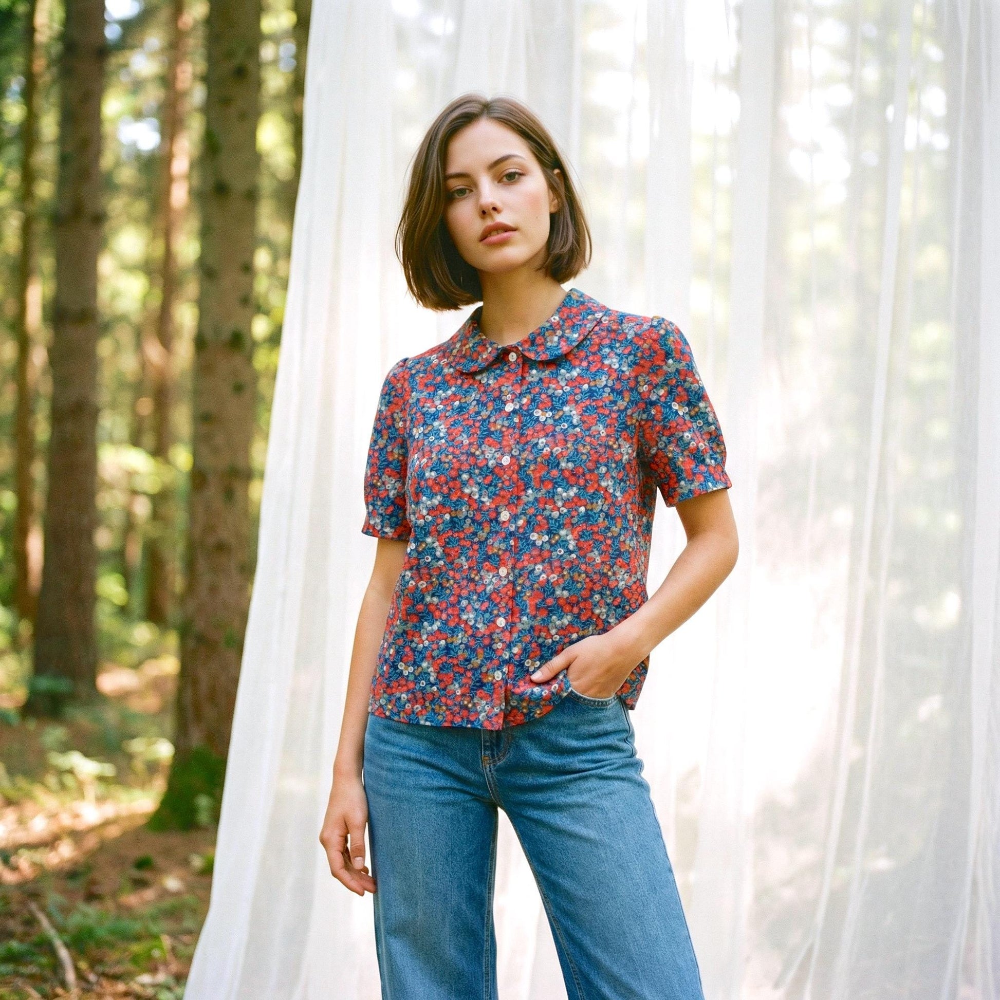 Liberty London Peter-Pan Collared Blouse, Floral-print Cotton Puffed-sleeves Button-up Shirt, Handmade Botanical Cotton Womenswear