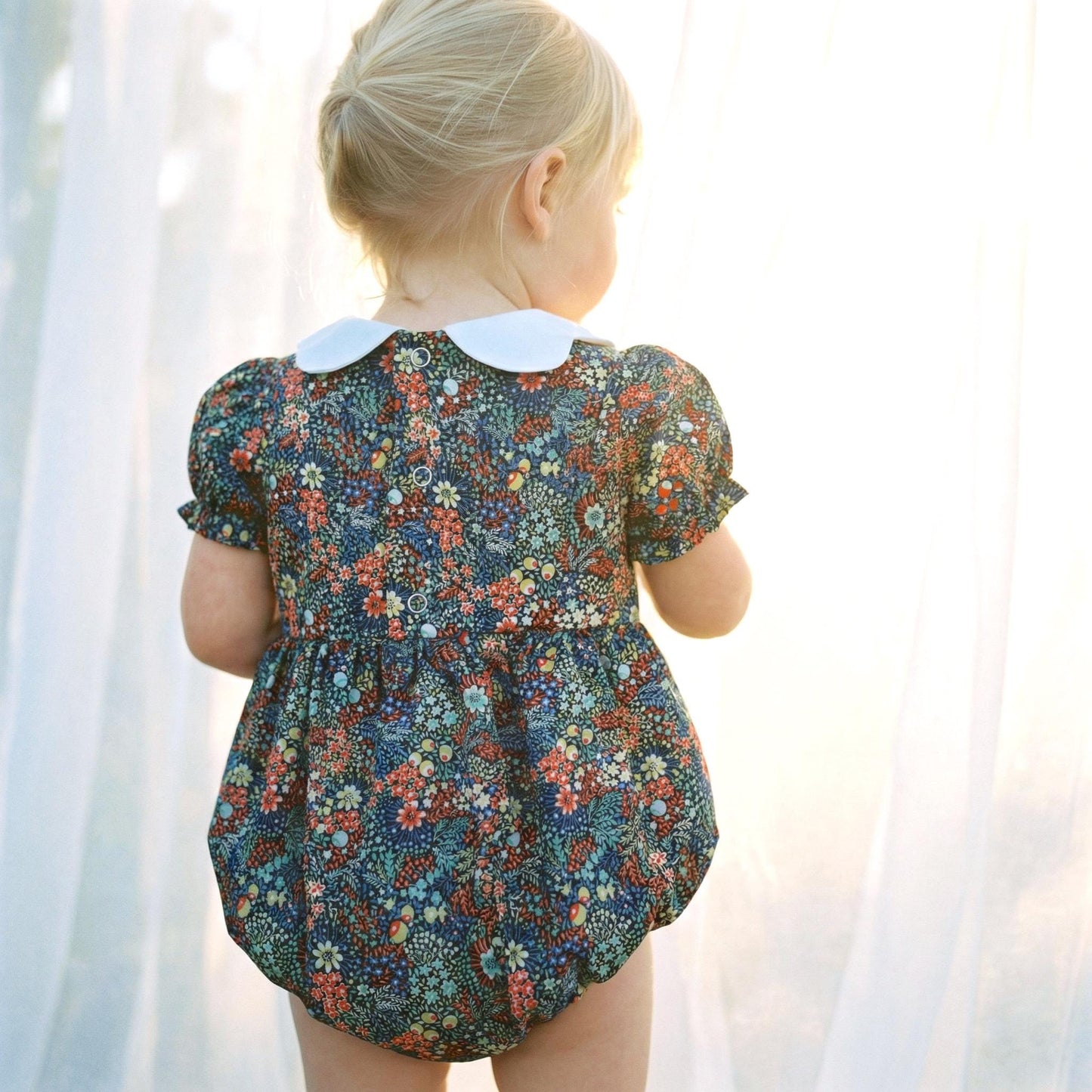 Liberty Baby Bubble Romper: Floral Print, Suspender Onesie
