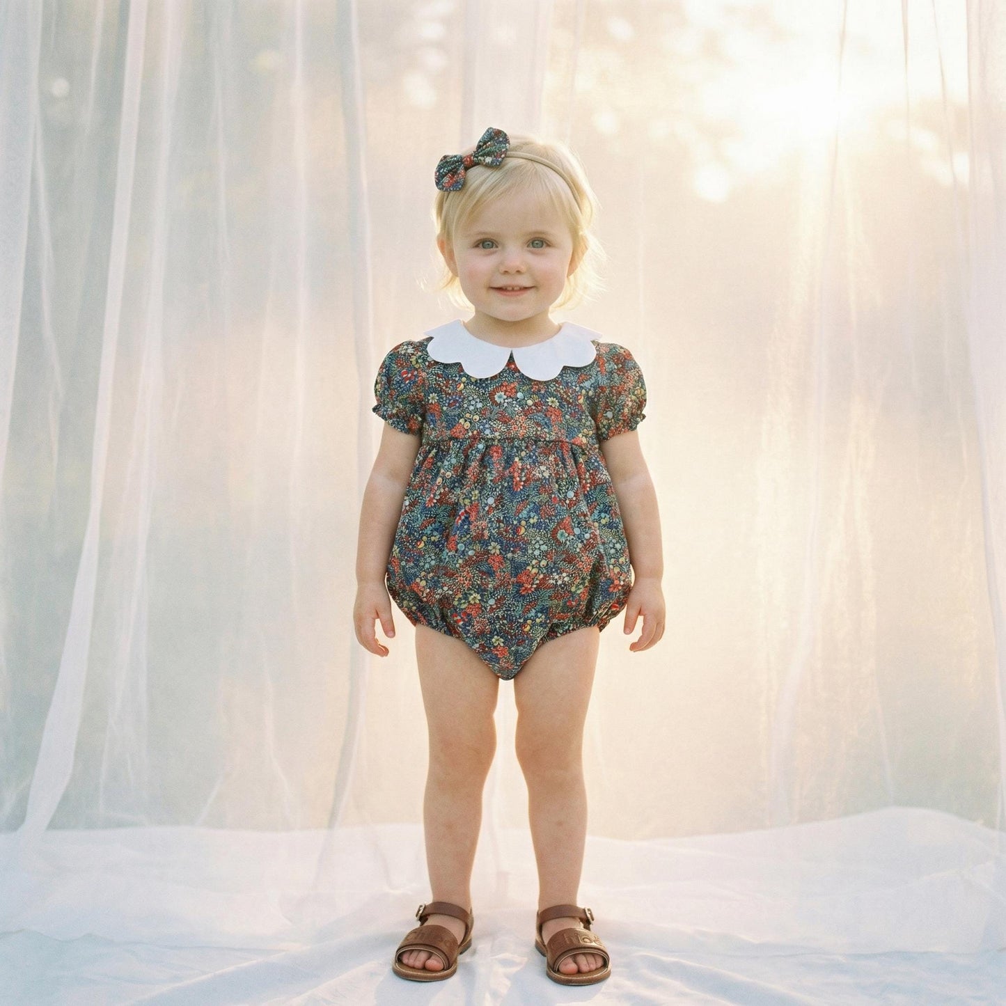 Liberty Baby Bubble Romper: Floral Print, Suspender Onesie