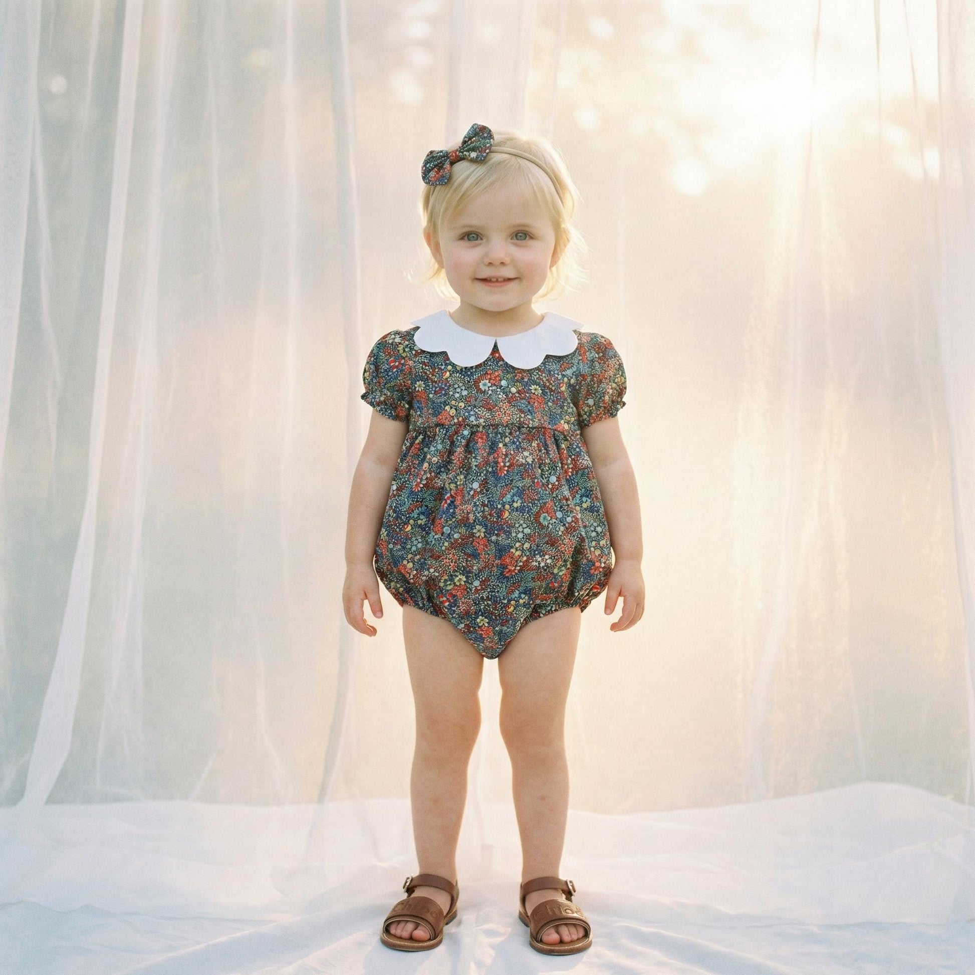 Liberty Baby Bubble Romper: Floral Print, Suspender Onesie