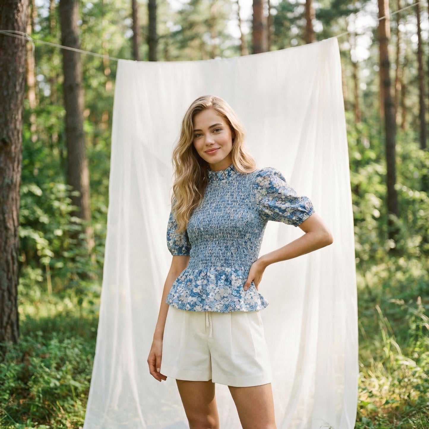 Mandarin Collar Liberty Floral Print Top: 3/4 Sleeves Cotton Shirt, Ditsy Botanical Gather Blouse