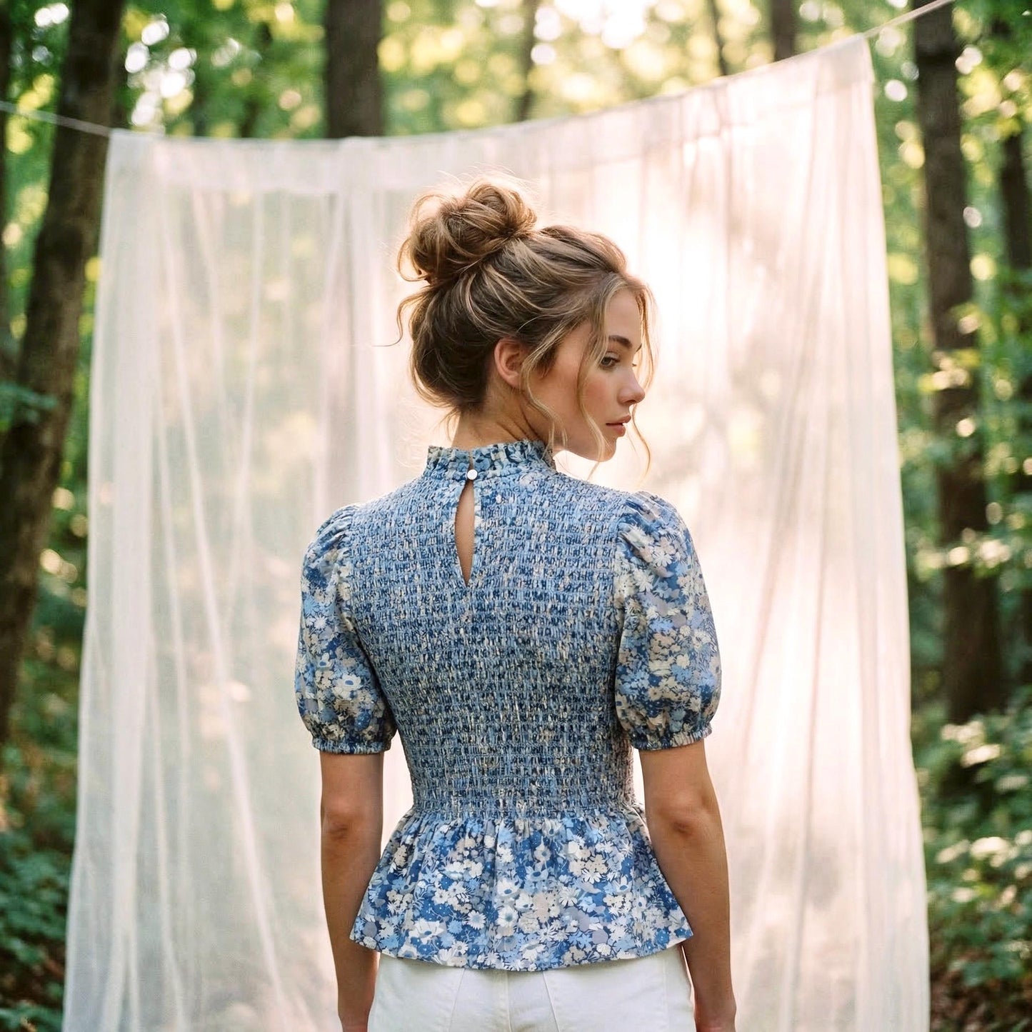 Mandarin Collar Liberty Floral Print Top: 3/4 Sleeves Cotton Shirt, Ditsy Botanical Gather Blouse