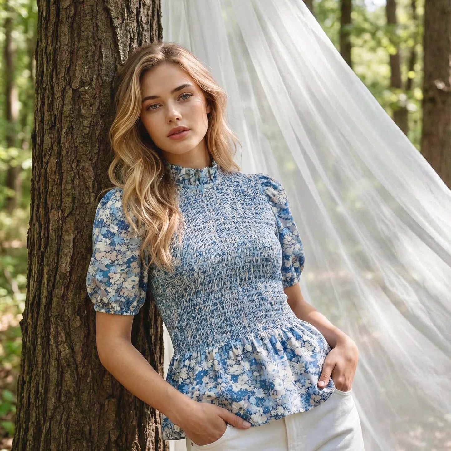Mandarin Collar Liberty Floral Print Top: 3/4 Sleeves Cotton Shirt, Ditsy Botanical Gather Blouse