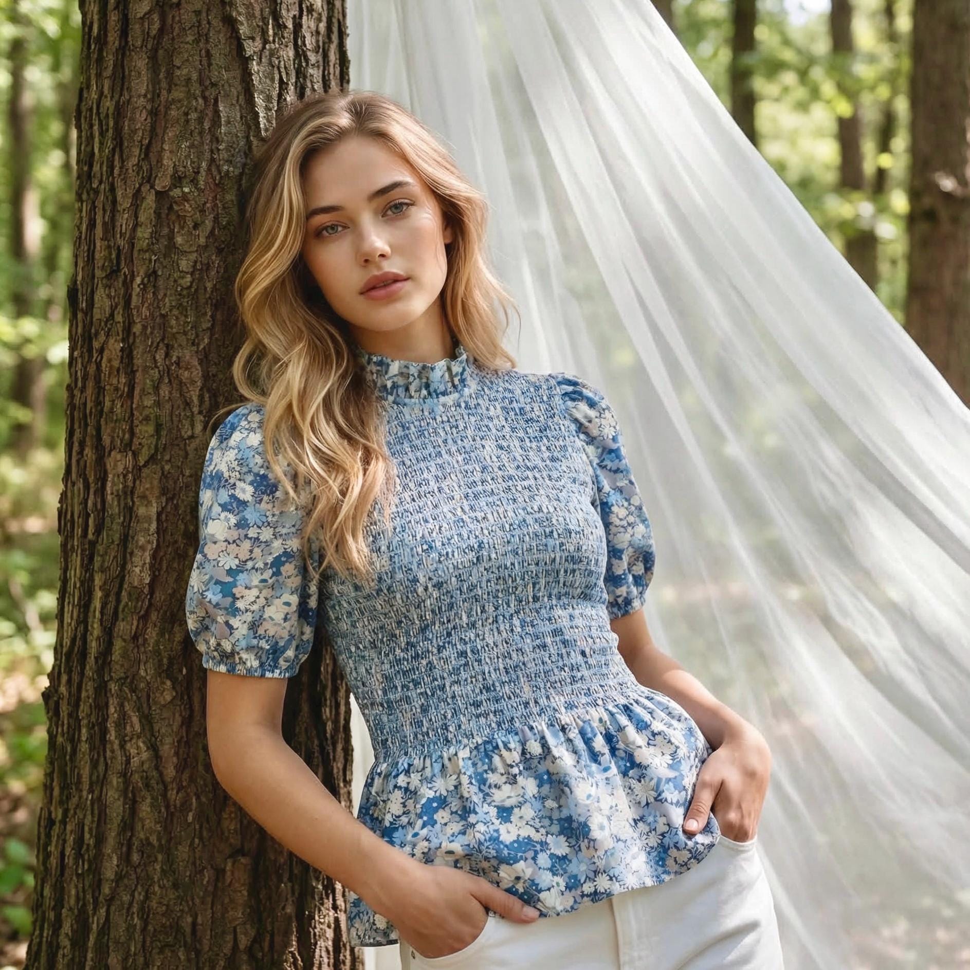 Mandarin Collar Liberty Floral Print Top: 3/4 Sleeves Cotton Shirt, Ditsy Botanical Gather Blouse