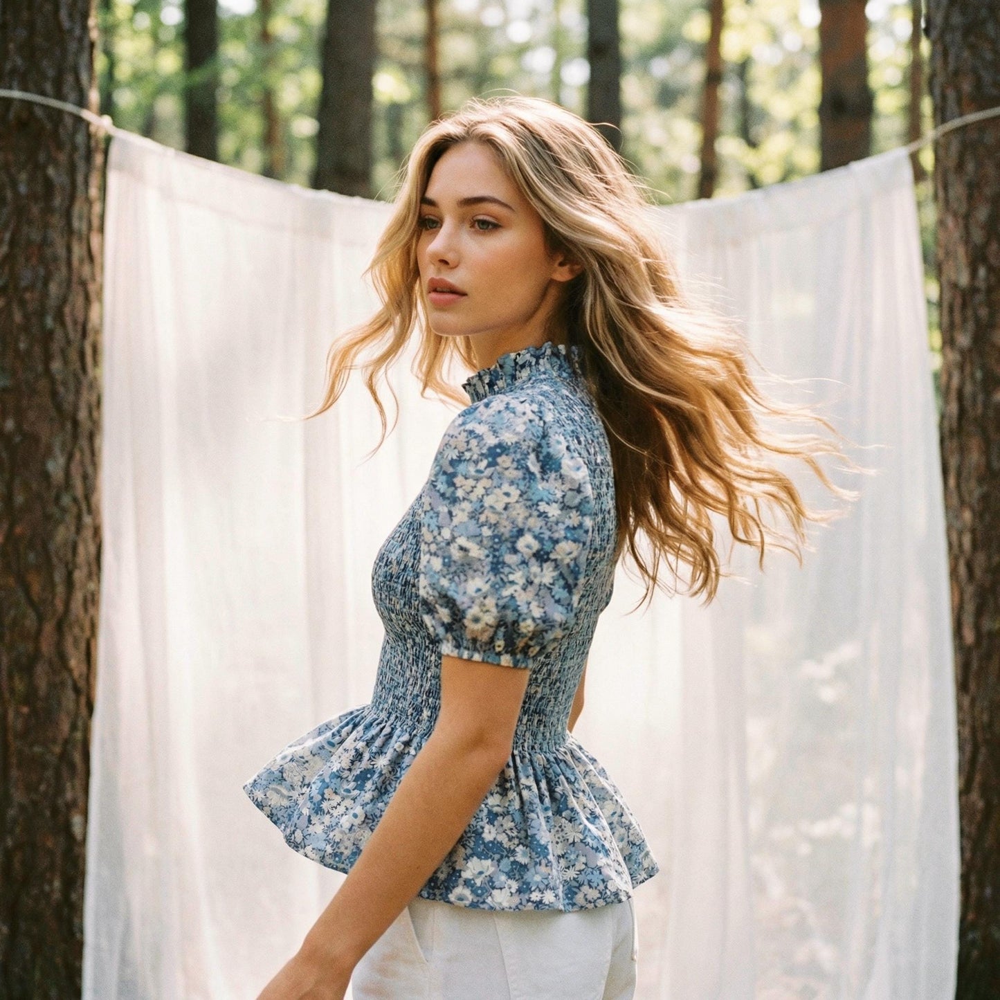 Mandarin Collar Liberty Floral Print Top: 3/4 Sleeves Cotton Shirt, Ditsy Botanical Gather Blouse