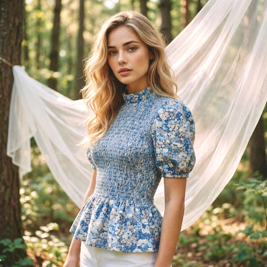 Mandarin Collar Liberty Floral Print Top: 3/4 Sleeves Cotton Shirt, Ditsy Botanical Gather Blouse