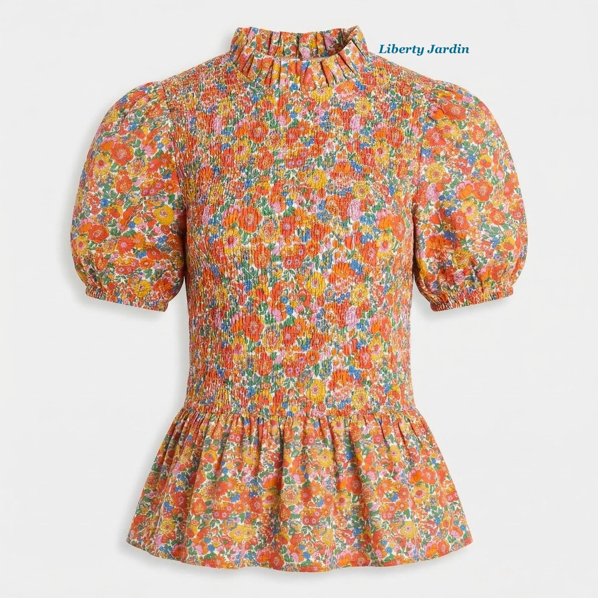 Liberty Print Gather Blouse Mandarin Collar 3/4 Sleeve: Ditsy Flower Cotton Top, Botanical Blouse