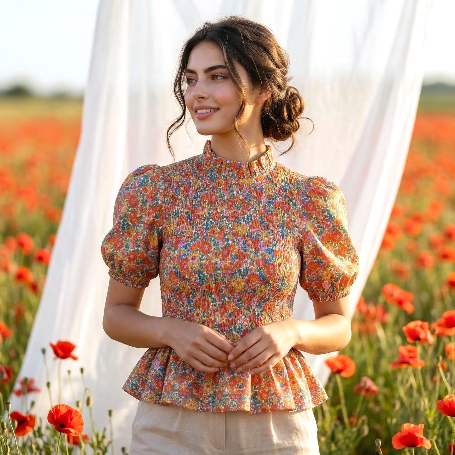 Liberty Print Gather Blouse Mandarin Collar 3/4 Sleeve: Ditsy Flower Cotton Top, Botanical Blouse