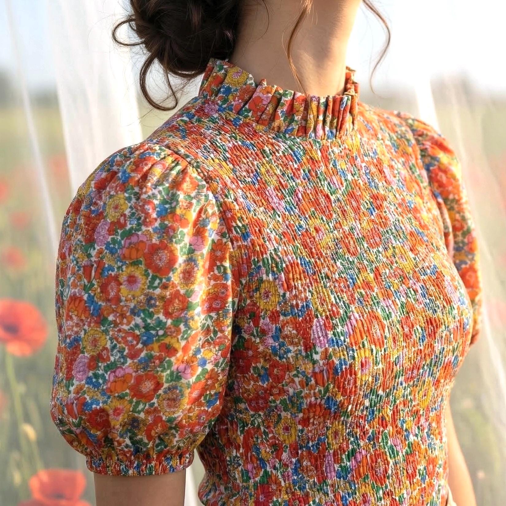 Liberty Print Gather Blouse Mandarin Collar 3/4 Sleeve: Ditsy Flower Cotton Top, Botanical Blouse