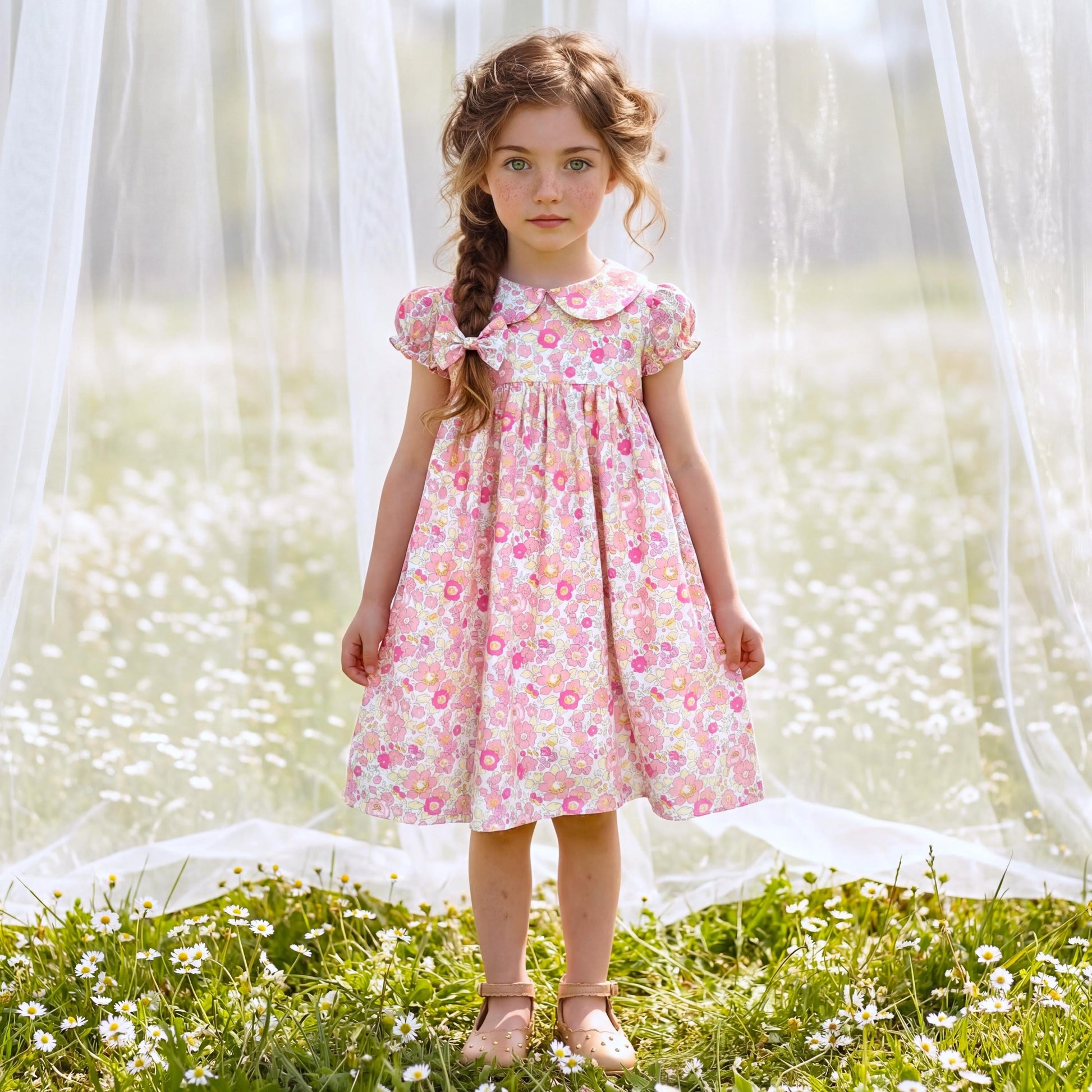 Long Sleeve Liberty London Girl's Dress: Ruffle Collar, Ditsy Floral Cotton