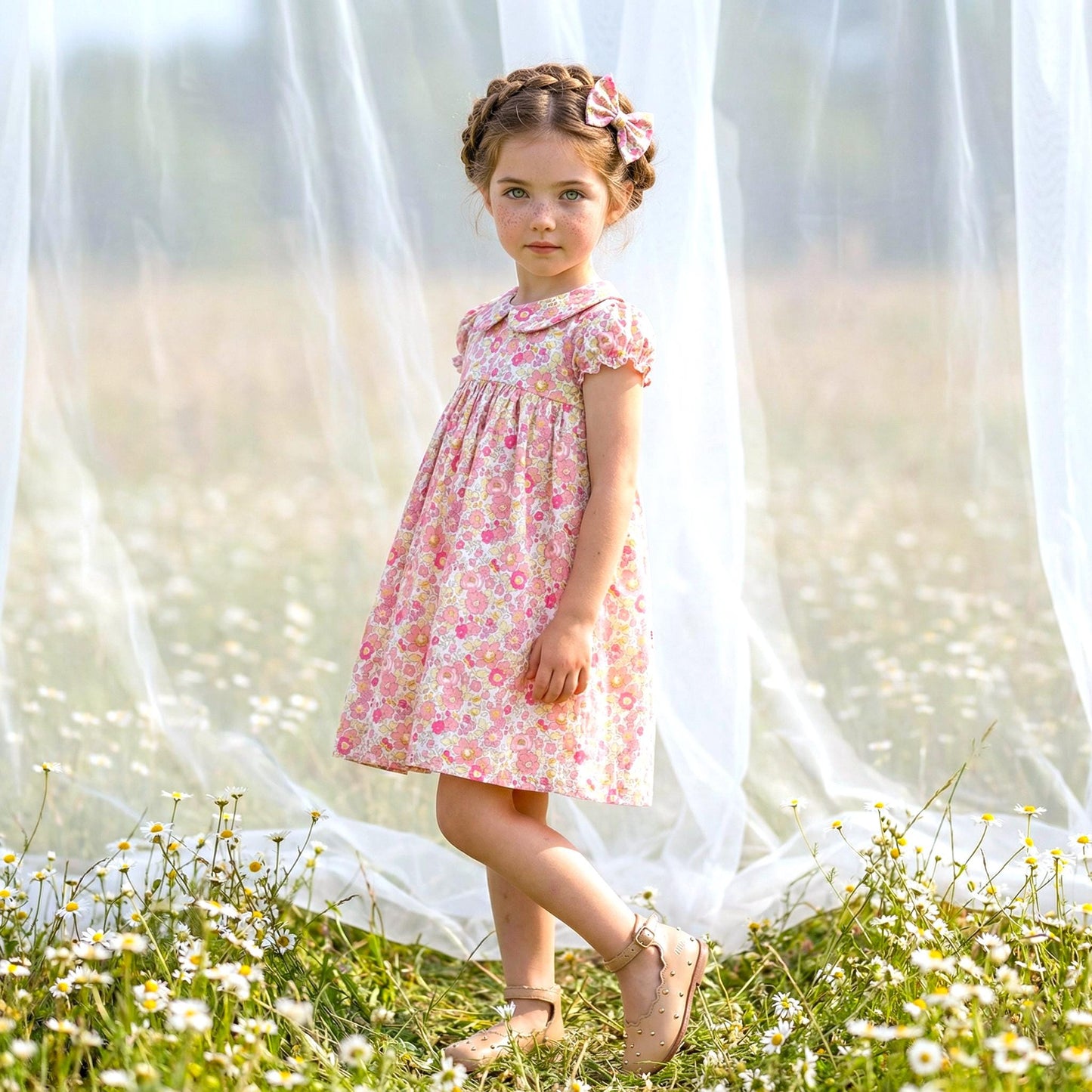 Long Sleeve Liberty London Girl's Dress: Ruffle Collar, Ditsy Floral Cotton