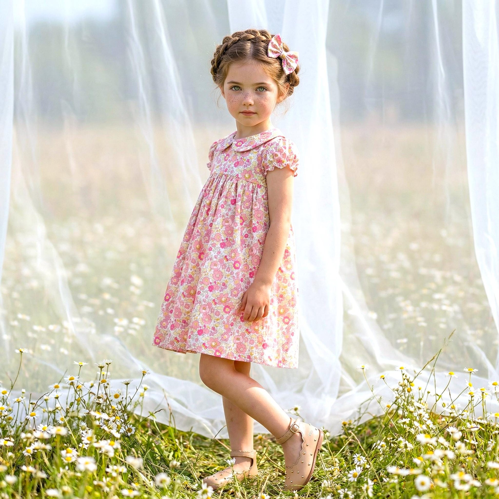 Long Sleeve Liberty London Girl's Dress: Ruffle Collar, Ditsy Floral Cotton